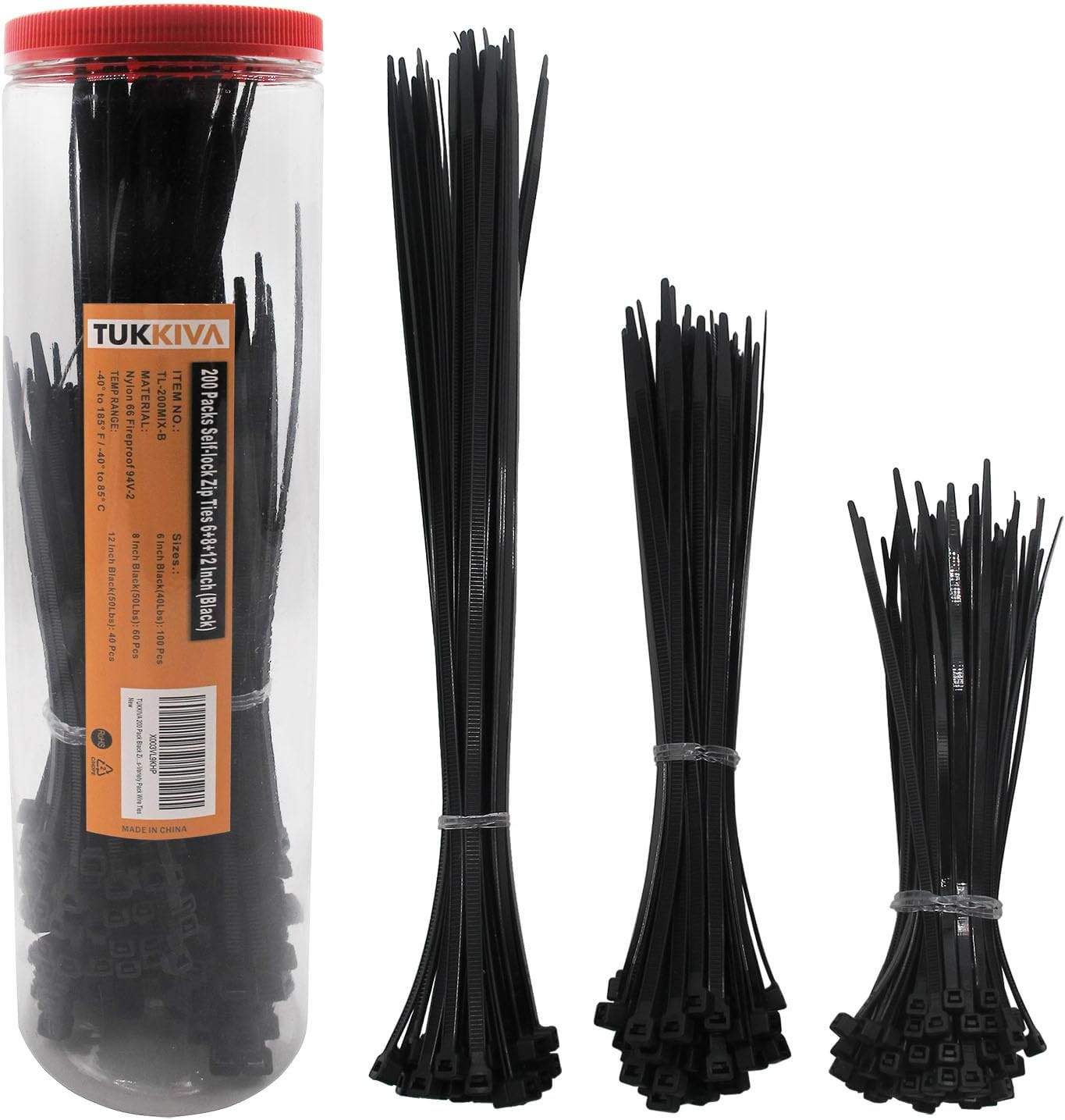 200 Pack Black Zip Ties Assorted Sizes 6+8+12 Inch Heavy Duty Cable Ties - Varie