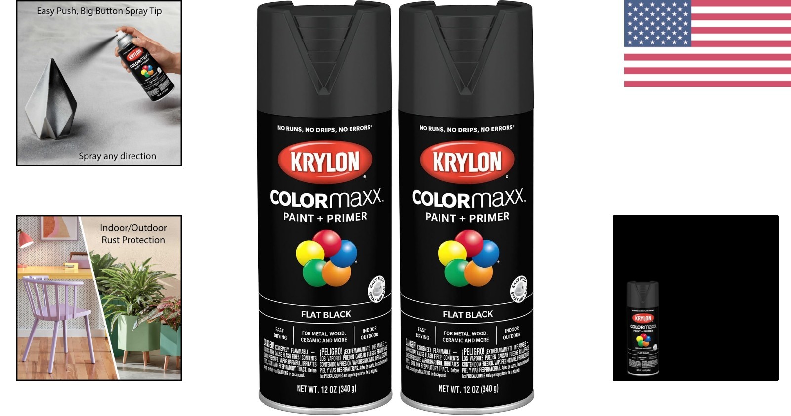 Flat Black COLORmaxx Spray Paint and Primer, 12oz Cans - Quick Drying & Durable