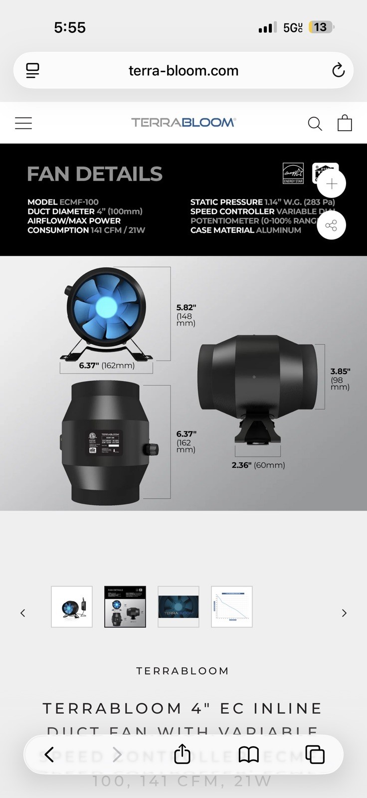 TerraBloom EC Series 4 Inch Inline Duct Fan With Speed Controller ECMF-100 NEW