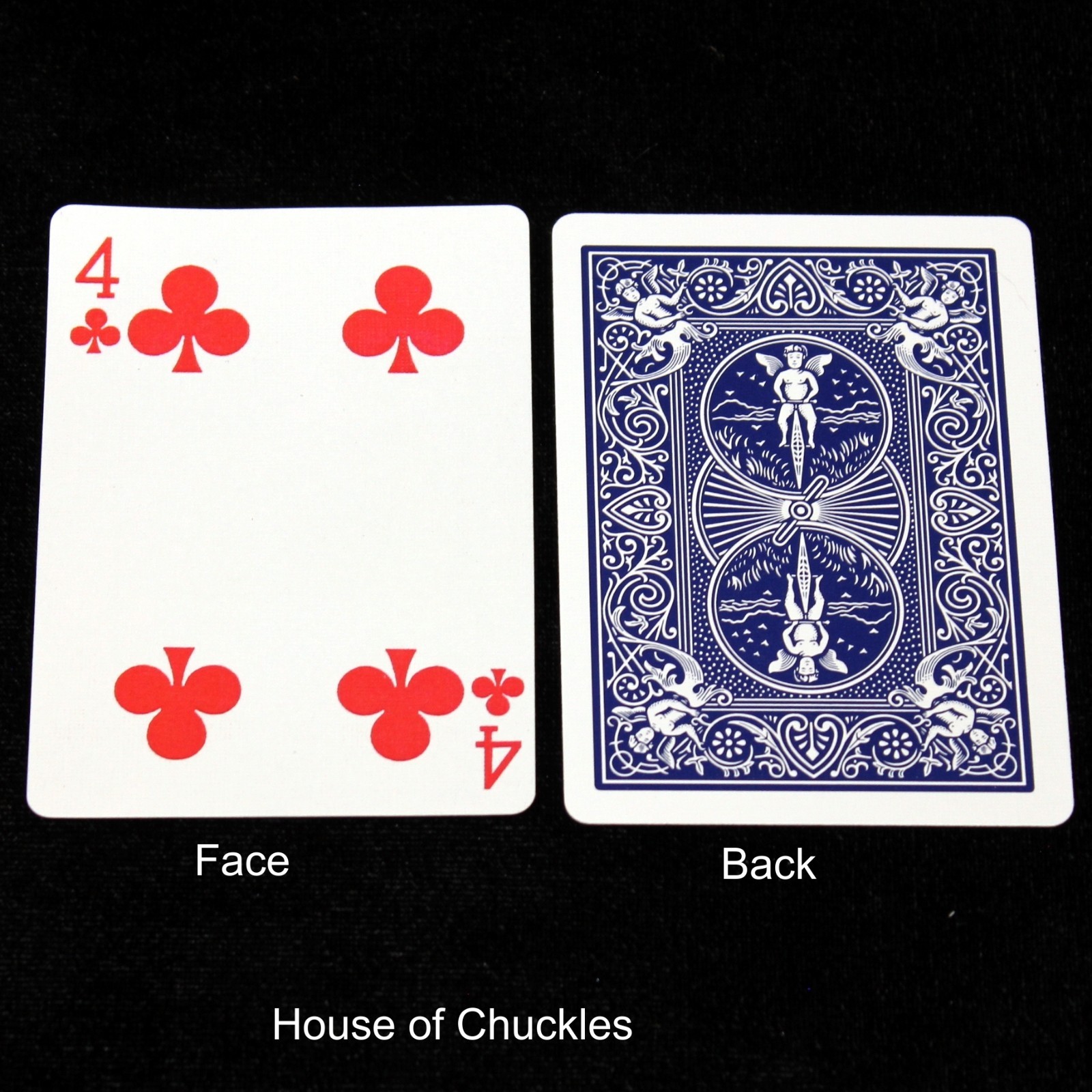 4 of Clubs - Reverse Color, Bicycle Printed Gaff Card, Blue
