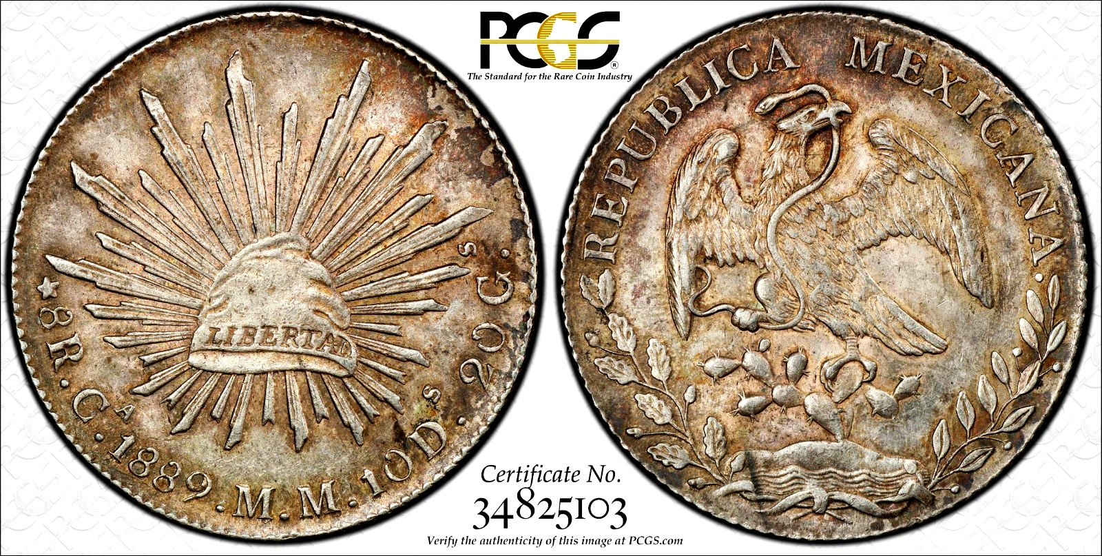 8 Reales 1889 Ca MM Zacatecas Eagle With Snake On Cactus Mexico AU58 PCGS Rare!!