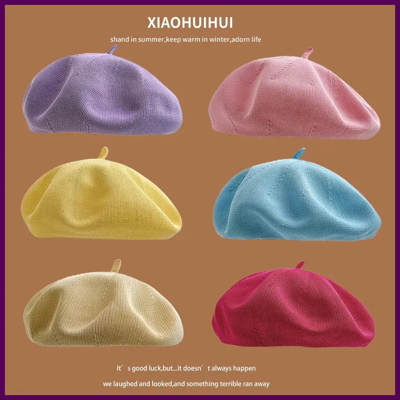 Summer Thin Breathable Cotton Yarn Beret Girls Versatile Korean Version Solid