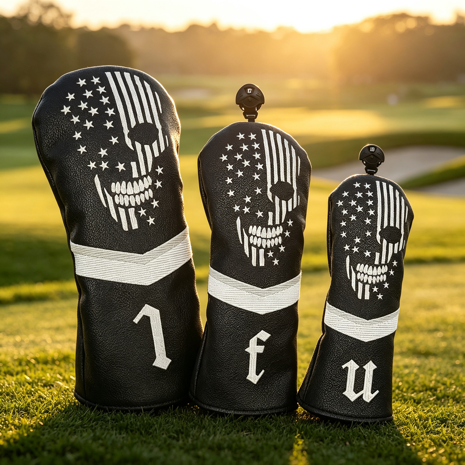 Golf Club Head Cover Set PU Leather Skull Stars Stripes Driver Fairway Hybrid