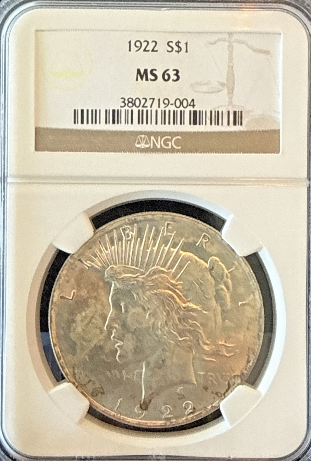 1922 Peace Silver Dollar  NGC MS 63 Beautiful Reverse and Obverse Toning