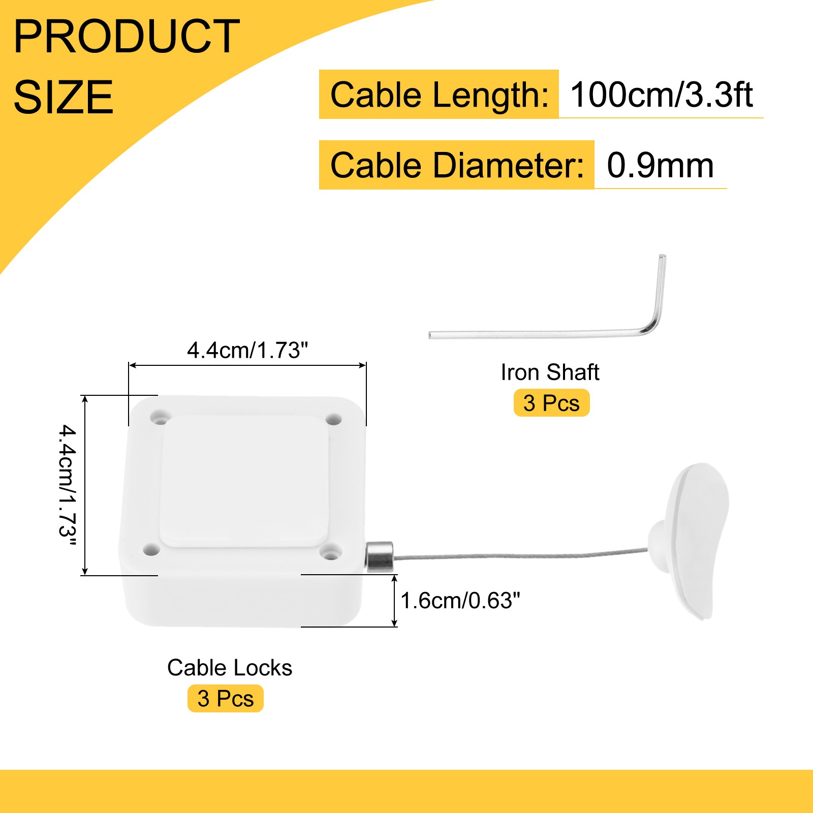 3.3 ft Retractable Cable Security Lock with Arc Patch 600g, White, 3 Pack