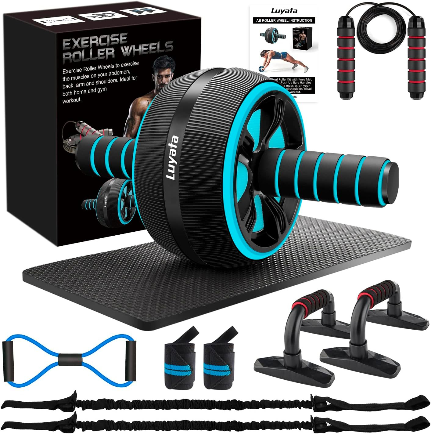 Ab Roller Wheel, 10-In-1 Ab Exercise Wheels Kit with Resistance Bands, Knee Mat,
