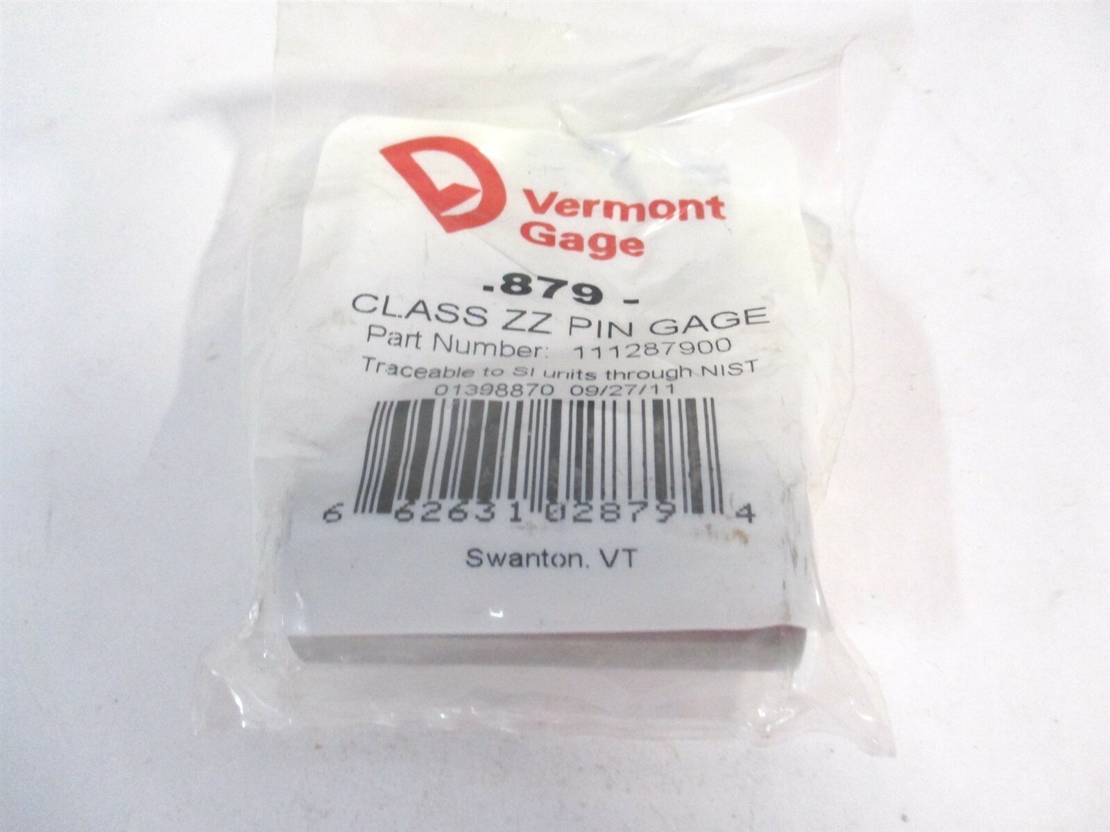 Vermont Gage (111287900) 0.879" Diam Class ZZ Minus Plug & Pin Gage