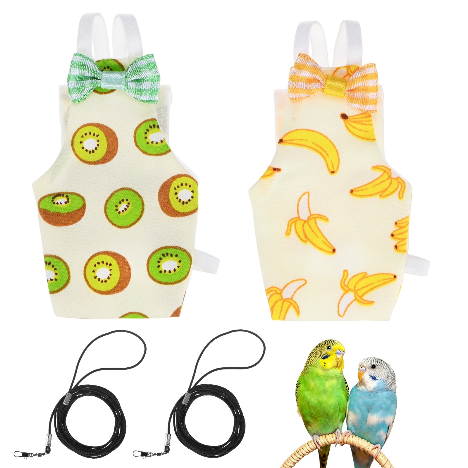 1-Set Bird Diapers with 6.6 ft Leash Reusable Pet Parrot Nappy [Yellow/Green, S]