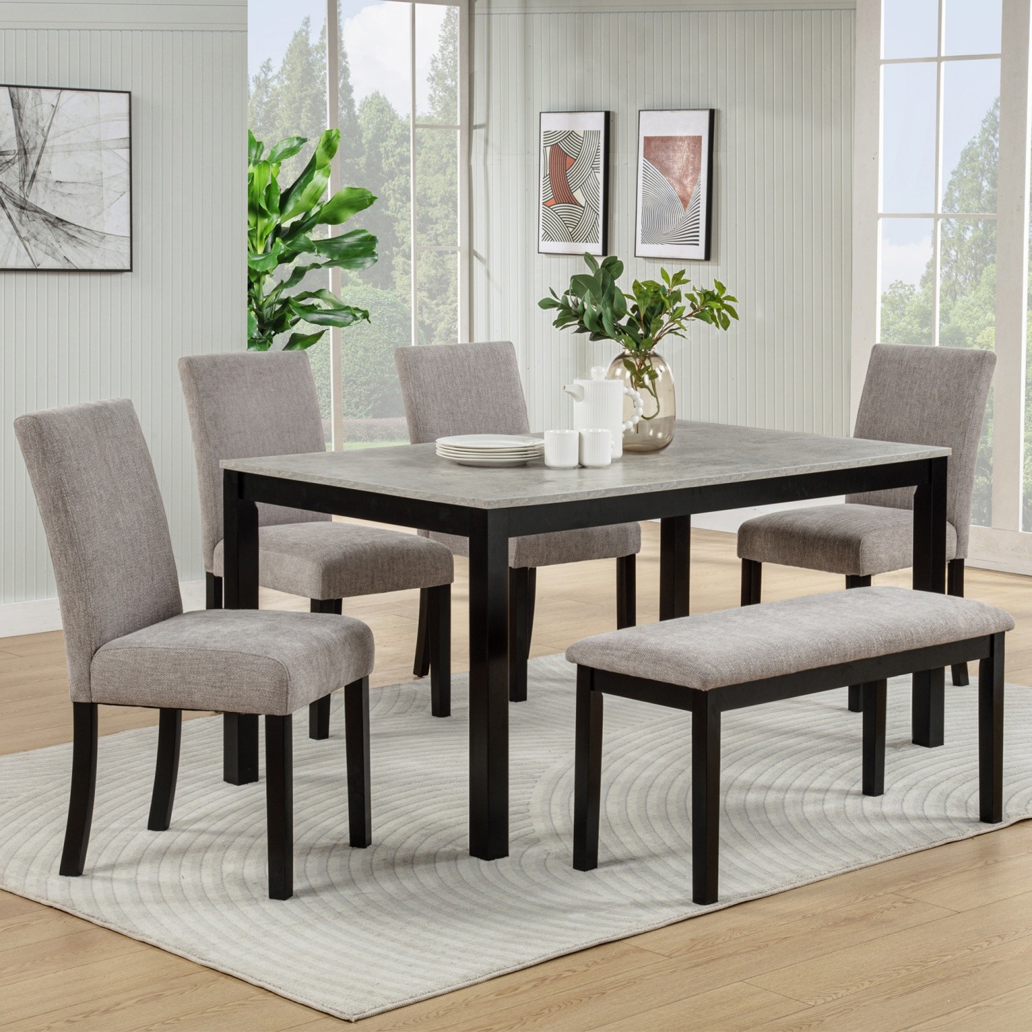 6 Piece Dining Table Set w/ Solid Wood Table and 4 Upholstered Chairs & Bench