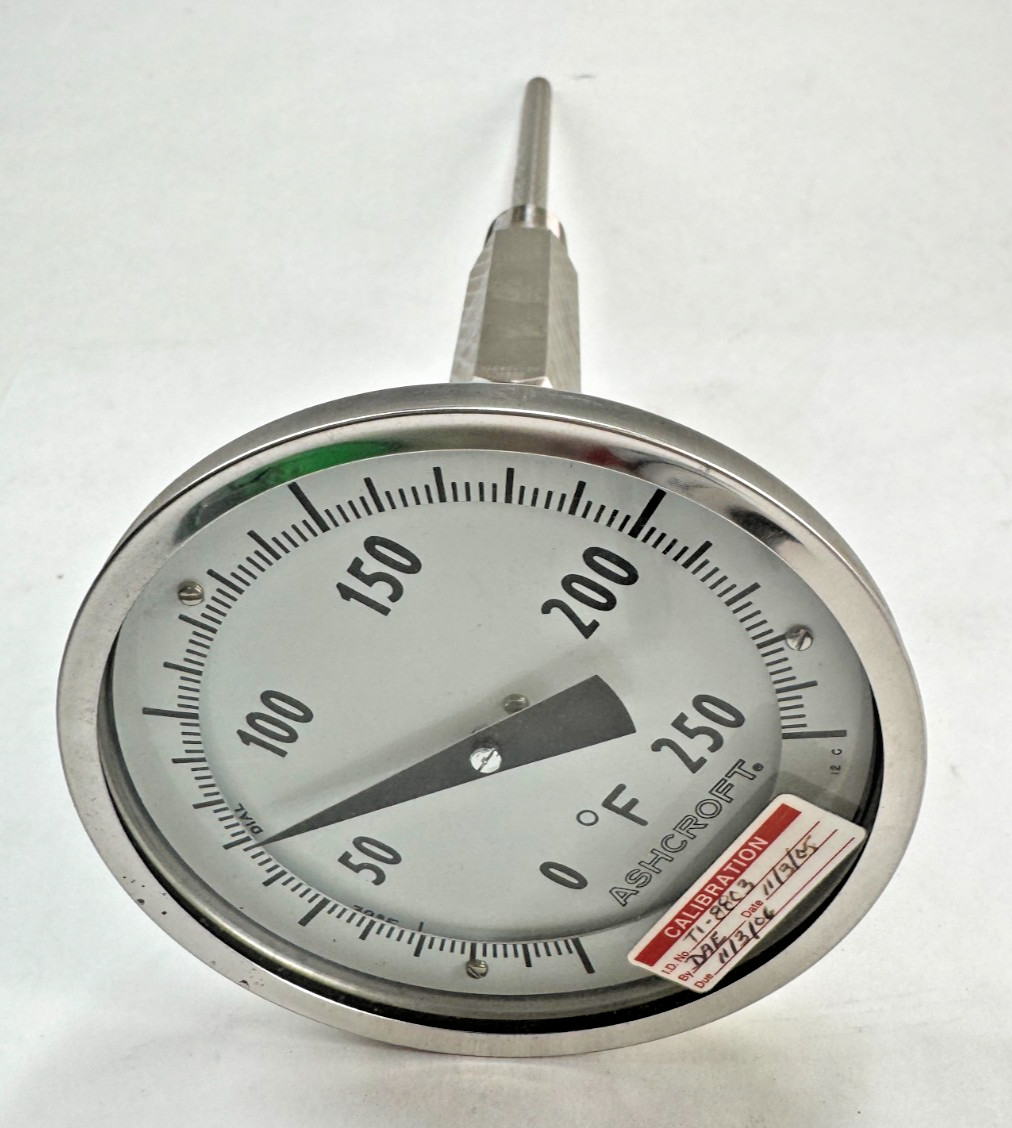 ASHCROFT Adjustable Angle Thermometer, 0-250F, 5" Face, 8" Stem, 3/4" NPT