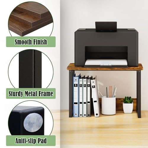 Printer Stand with Storage for Desk, Desktop Printer Stand 2 Tier Rustic Brown