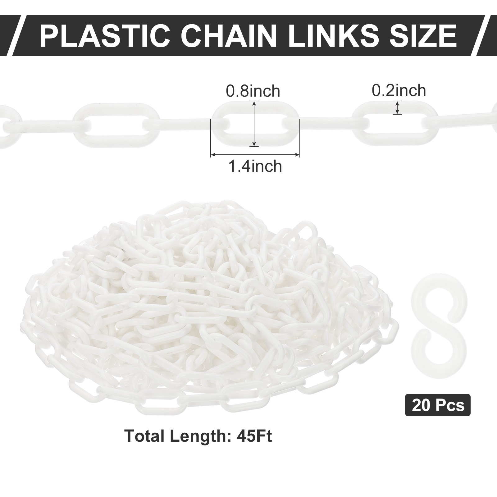 Plastic Chain Links, 45 Foot Safety Chains, White Chains Barriers,6mm