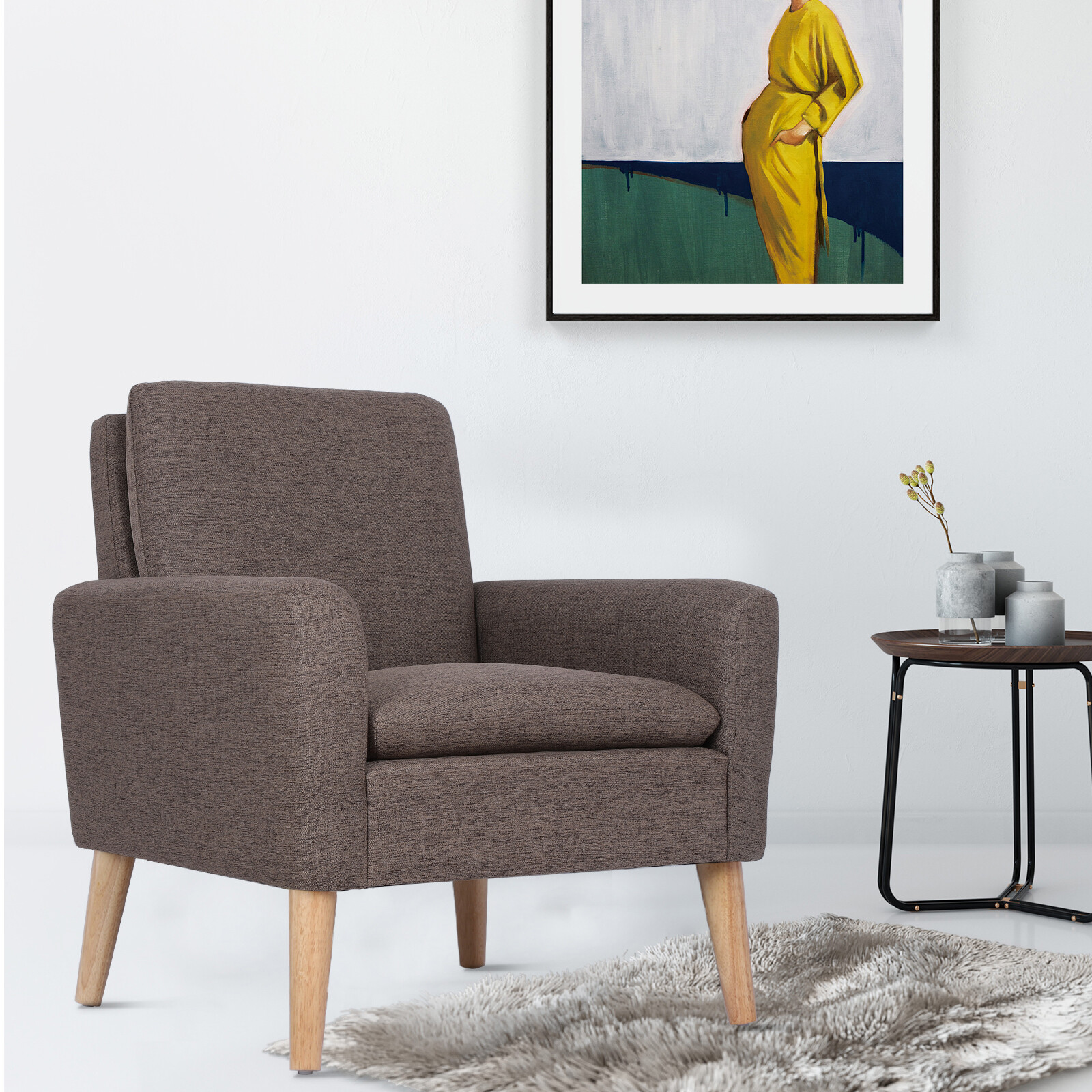 Modern Living Room Chair Linen Fabric Accent Armchair Club Leisure Single Sofa