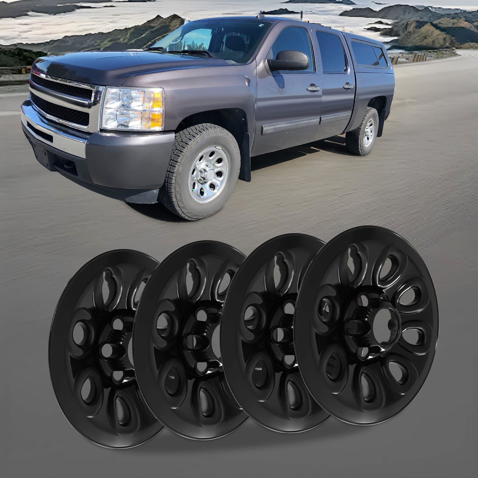 Set of 4 17" Black Wheel Skins Full Rim Covers Center Hub Caps for CHEVY 6 Lug