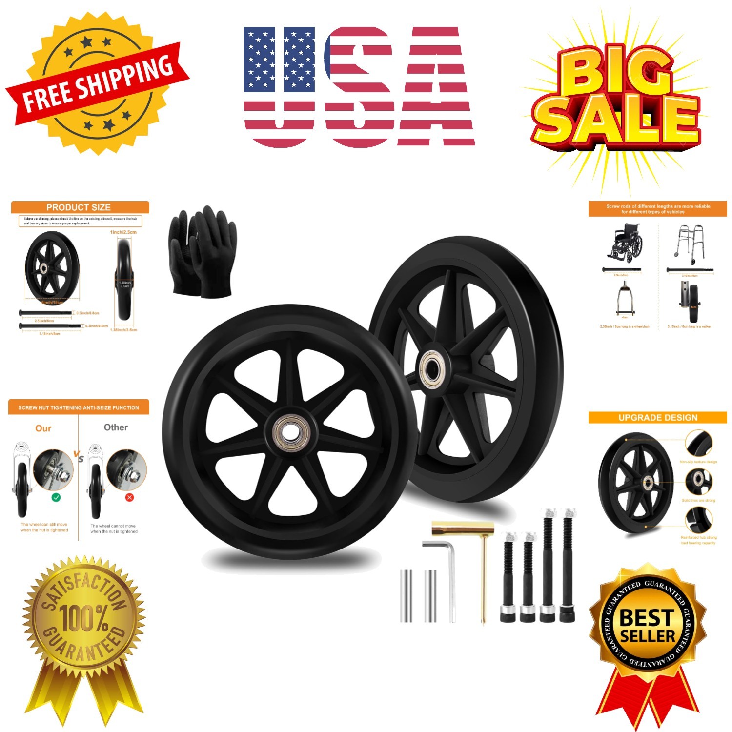 2Pcs 6 Inch Replacement Wheelchair Wheels for Walkers - Environmentally Frien...