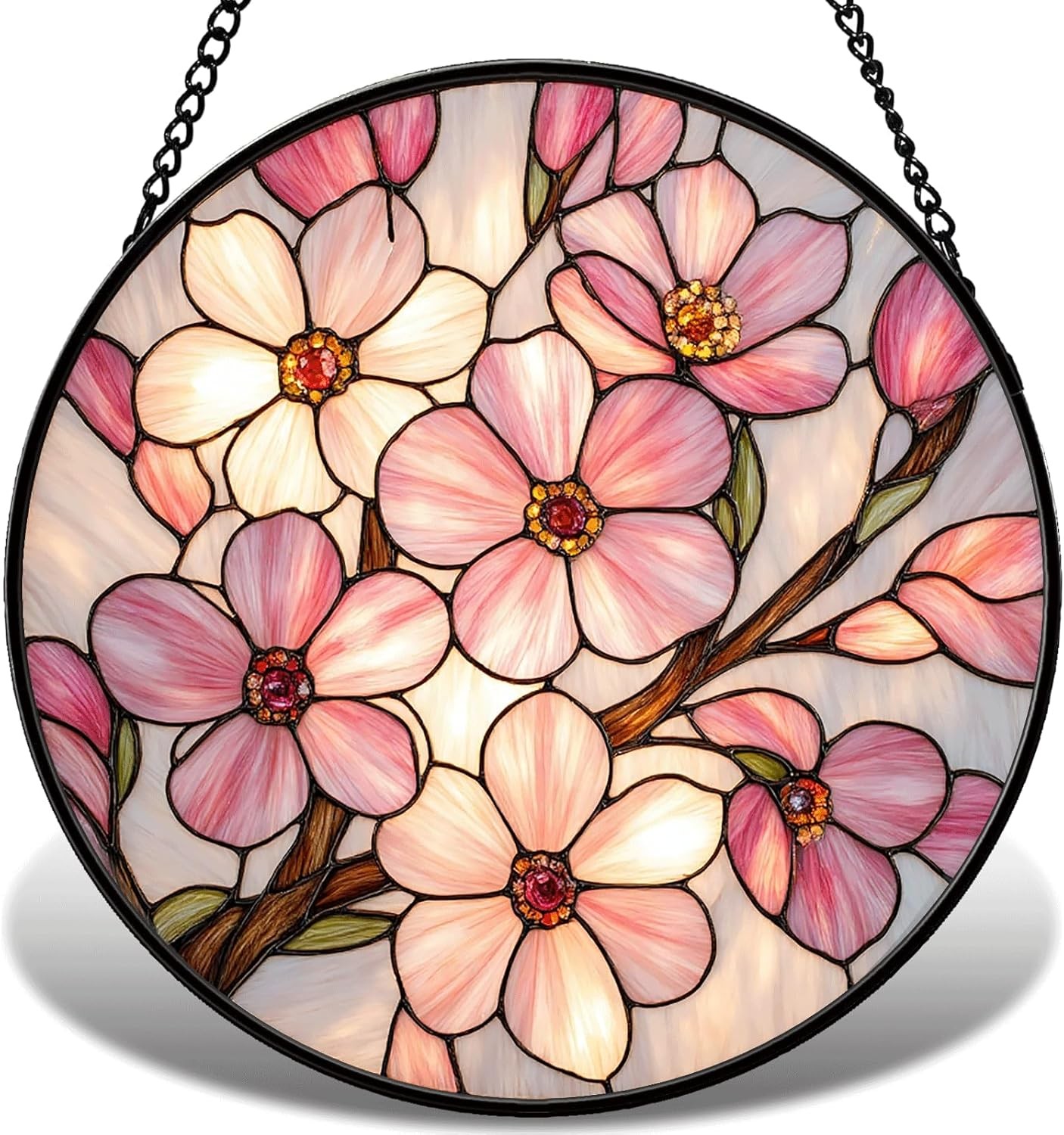 7.9in Pink Blossom Floral Stained Glass Suncatcher Window Hanging Decor