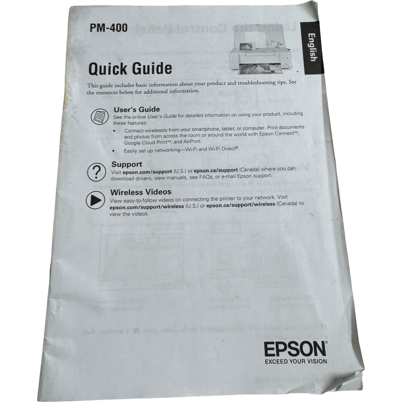 Epson PM-400 Quick Guide Printer Manual OS White Wireless Setup Instructions