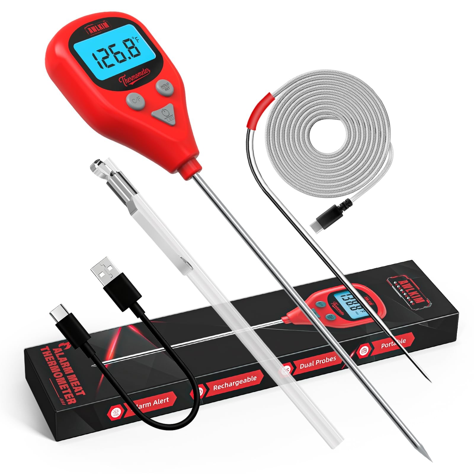 Digital Meat Thermometer with Dual Probes, Wine Red - Instant Read Food Therm...