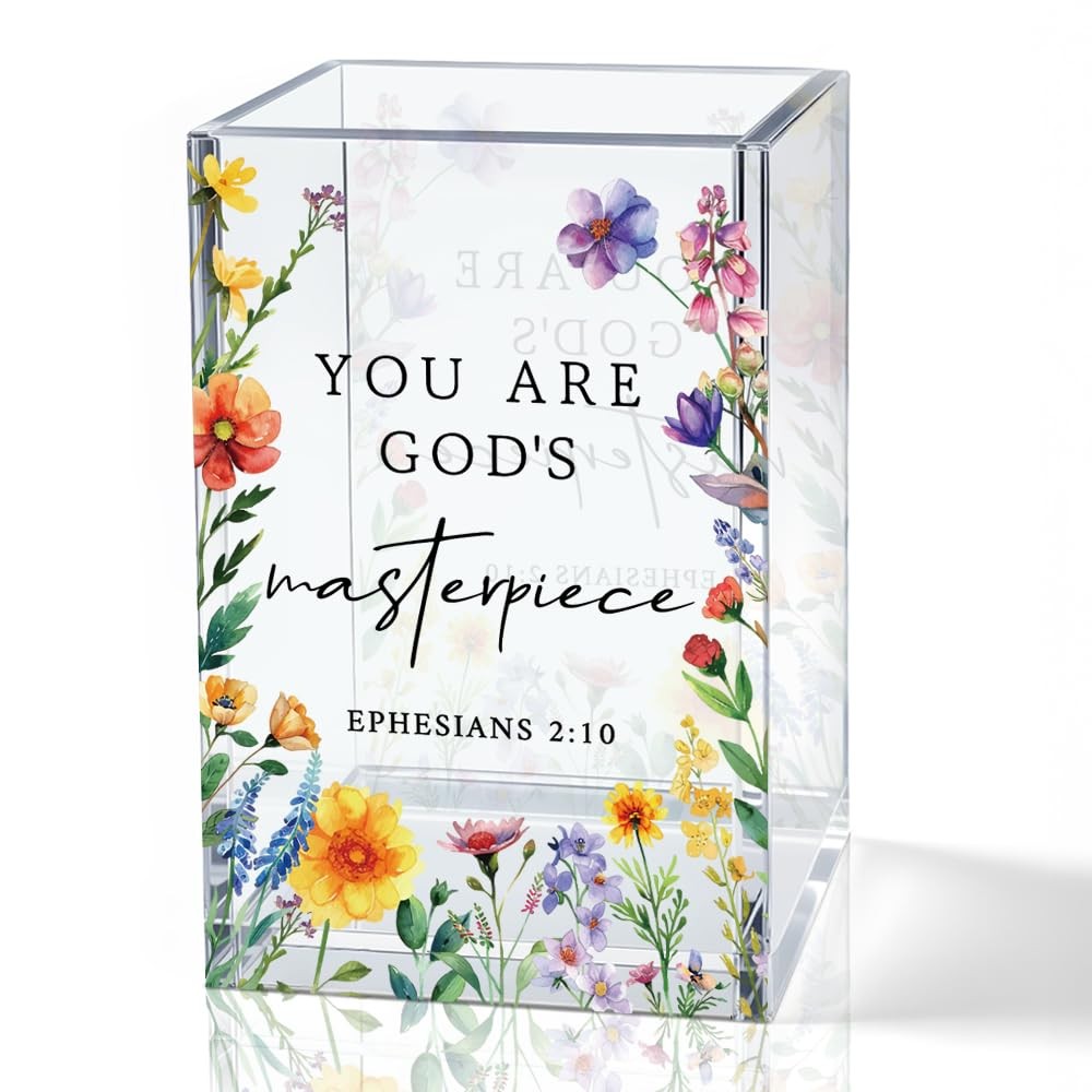 You Are God's Masterpiece Acrylic Pencil Holder Cup, Floral Christian Pen Hol...