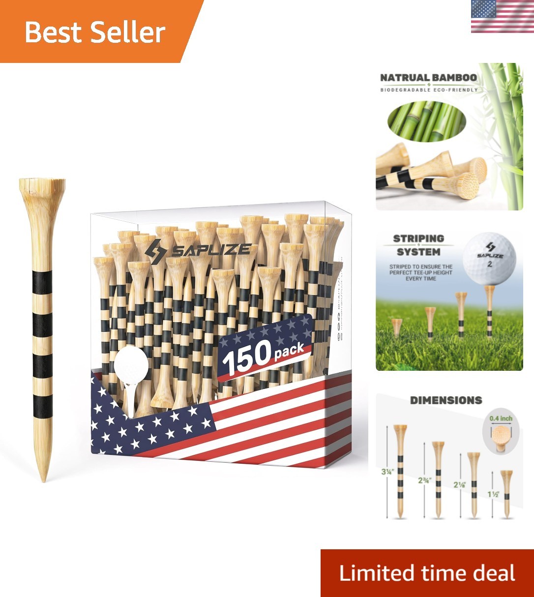 Bamboo Golf Tees Pack of 100 or 150, Four Size Options 3-1/4", 2-3/4", 2-1/8"...