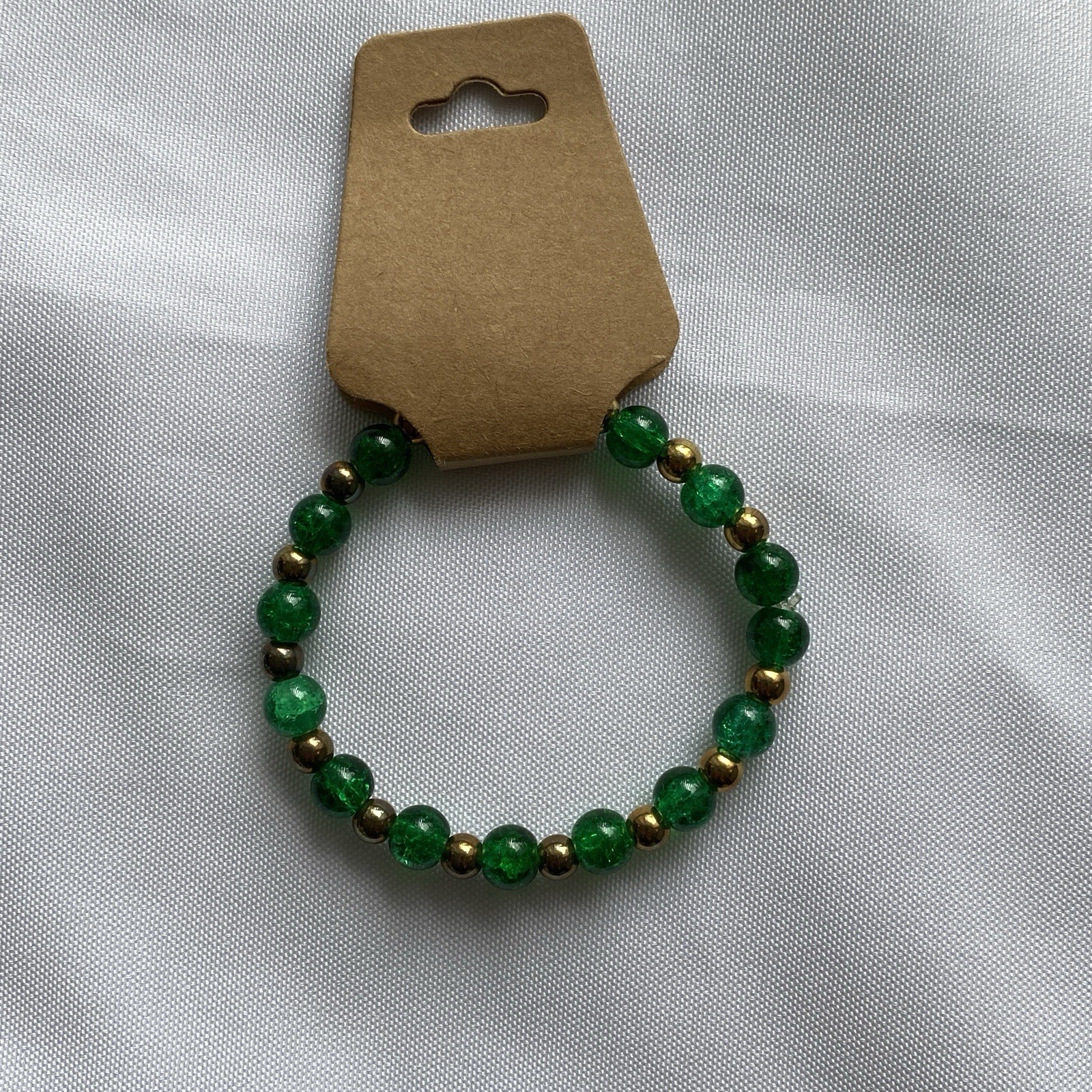 Handmade Green Glass Beaded Bracelet with Brass Base and Gold Accents