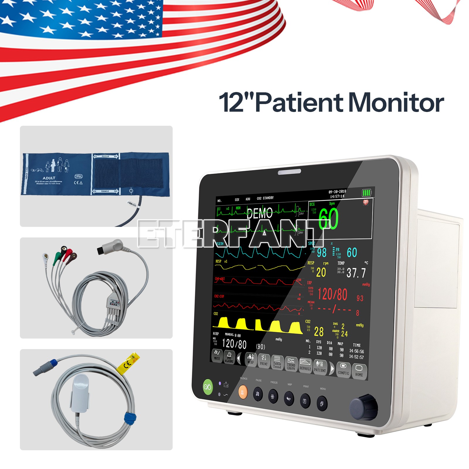 12" Patient Monitor ICU CCU Vital Sign for Hospital ECG NIBP RESP TEMP SPO2 PR