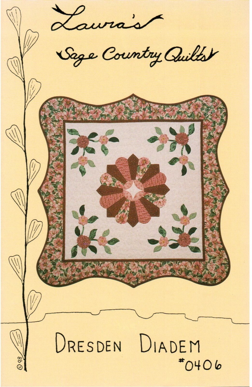 Dresden Diadem Wall Quilt Pattern Hanging Center Flower & Stems With Leaves