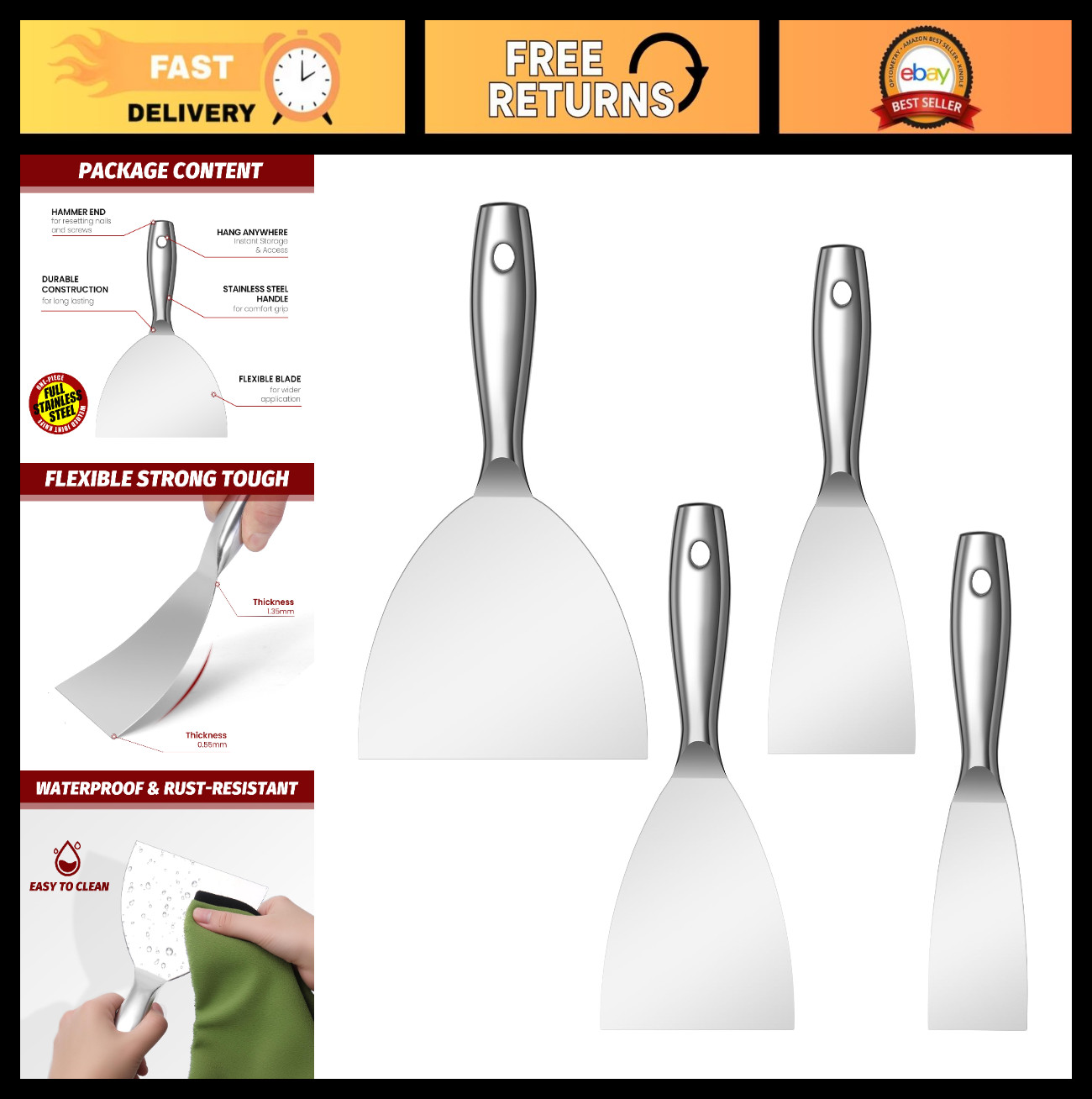 4 PCS Putty Knife Set - Premium Polished Stainless Steel Scrapers for Drywall, P
