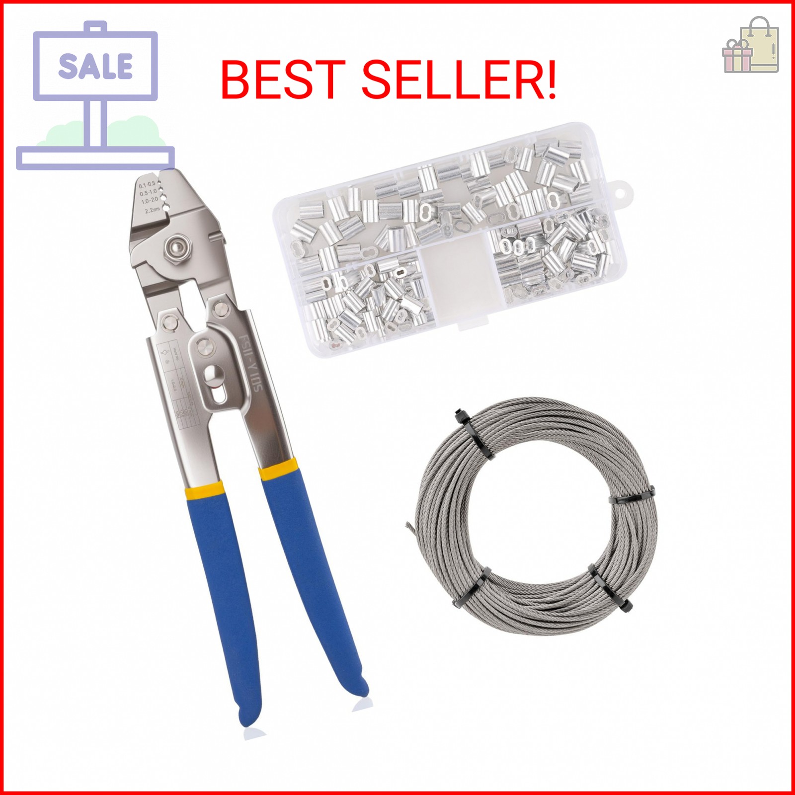 1/16IN 66FT Wire Rope Crimping Tool with 150pcs Aluminum Crimp Sleeves