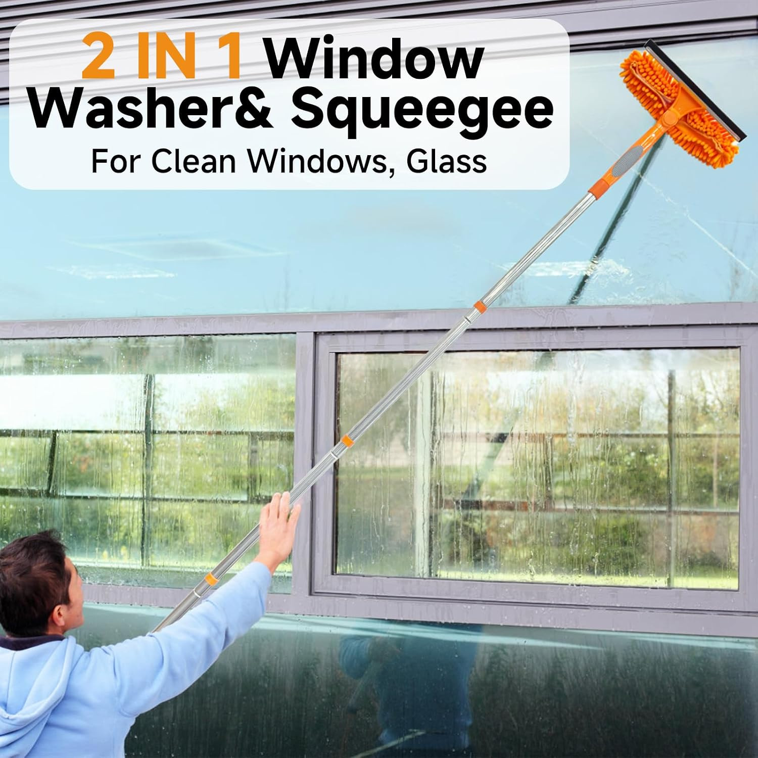 2 in 1 Window Squeegee Cleaner Kit Extension Pole, 67 In, Orange | Window