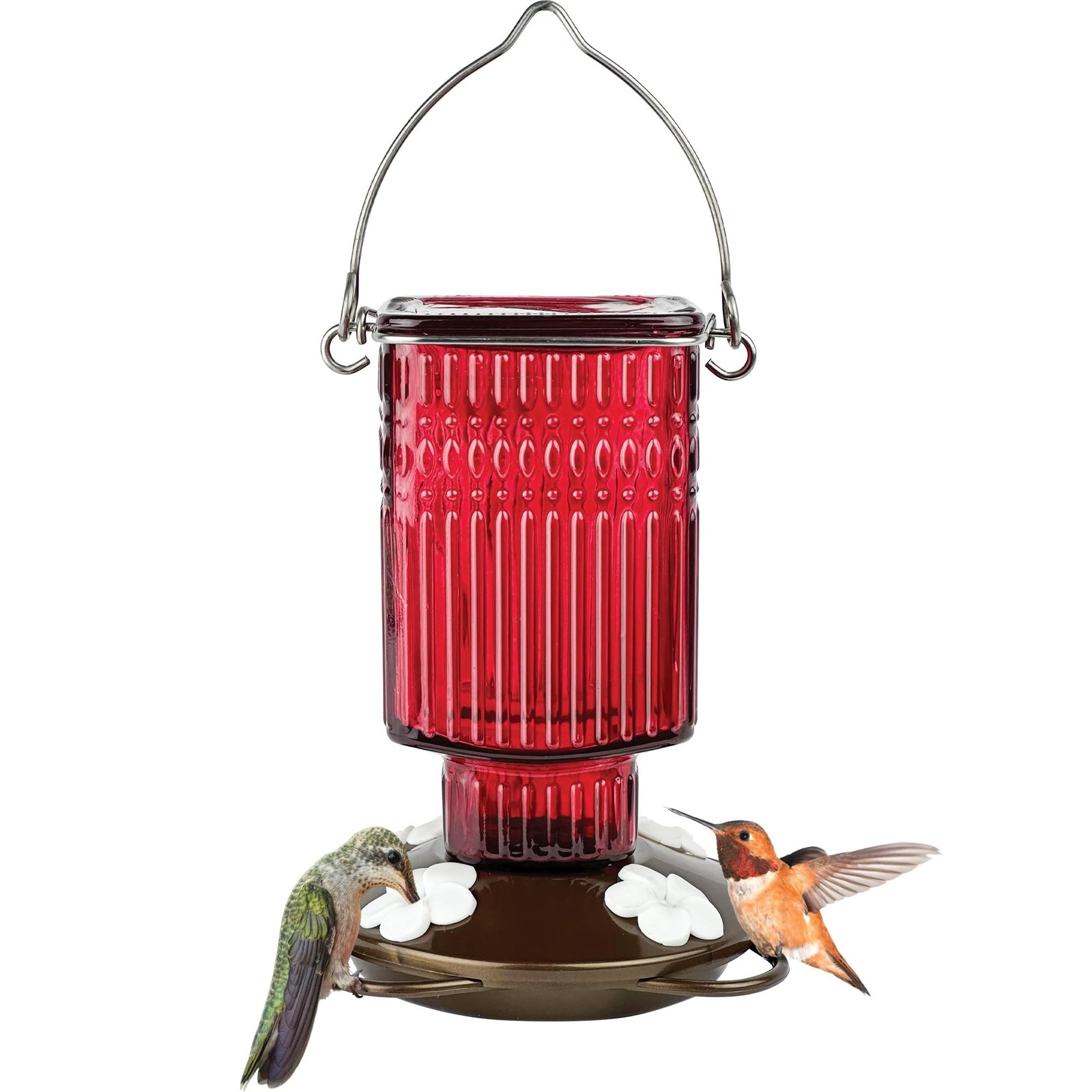 Nature's Way Hanging Glass Hummingbird Feeder for Outdoor Decor, 22 Ounce Red
