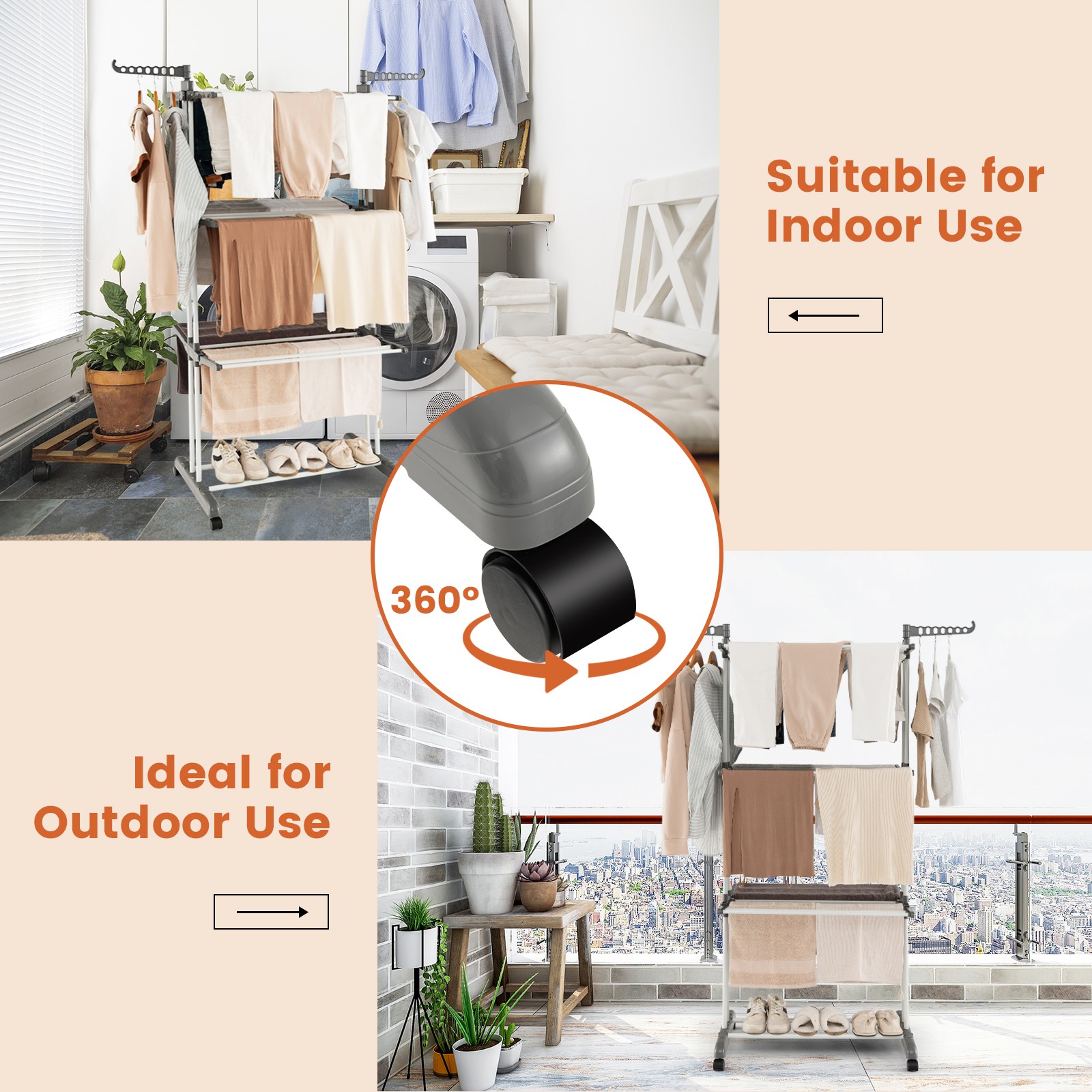 3-tier Folding Clothes Drying Rack w/ Rotatable Side Wings & Collapsible Shelves