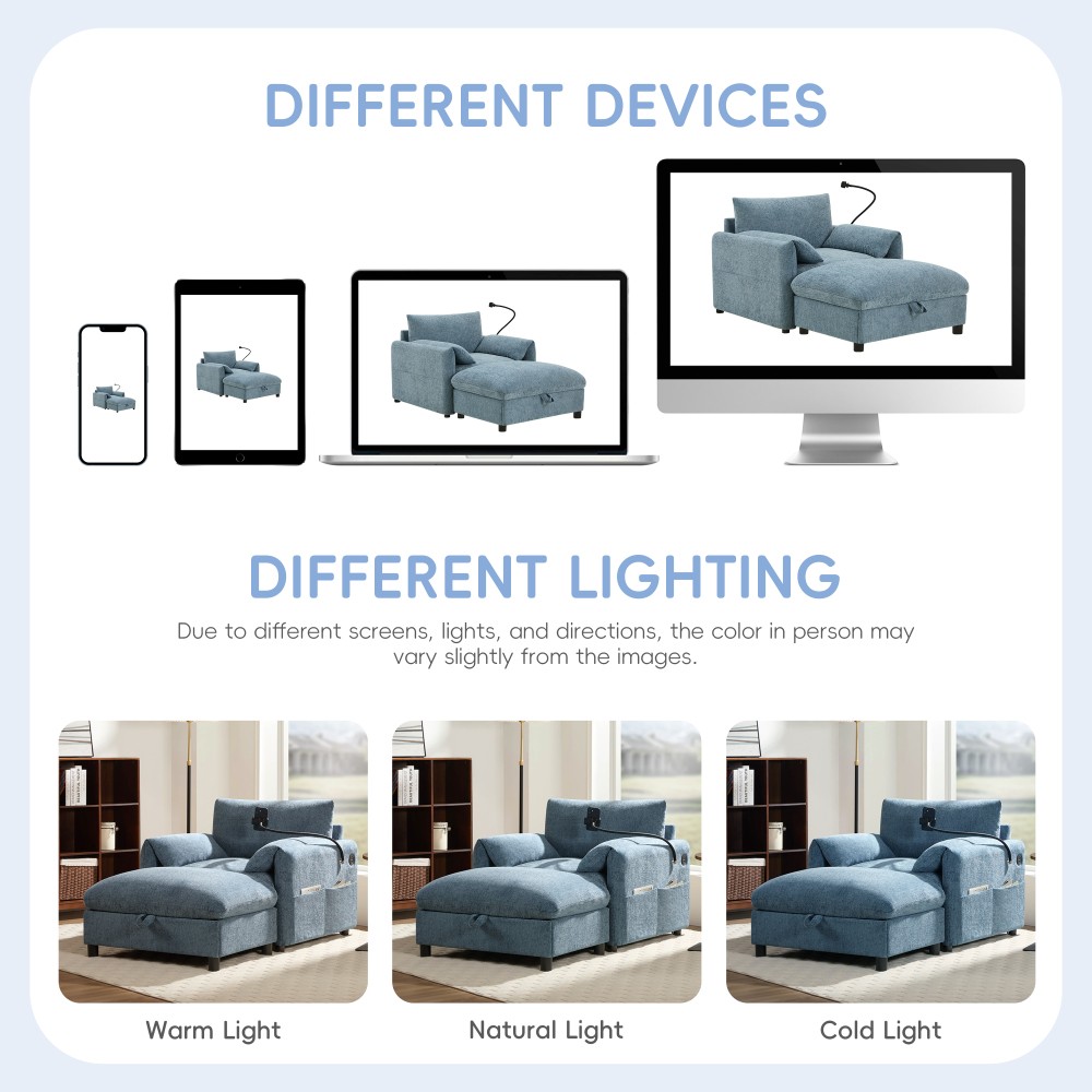 37" Cloud Chaise Sofa w/ Storage Ottoman, Charger & Phone Holder, Blue