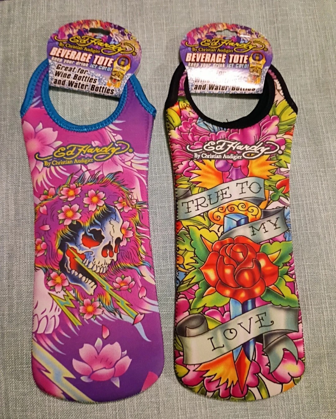Bundle 2 Authentic Ed Hardy by Christian Audigier Beverage Wine Bottle Tote Rose