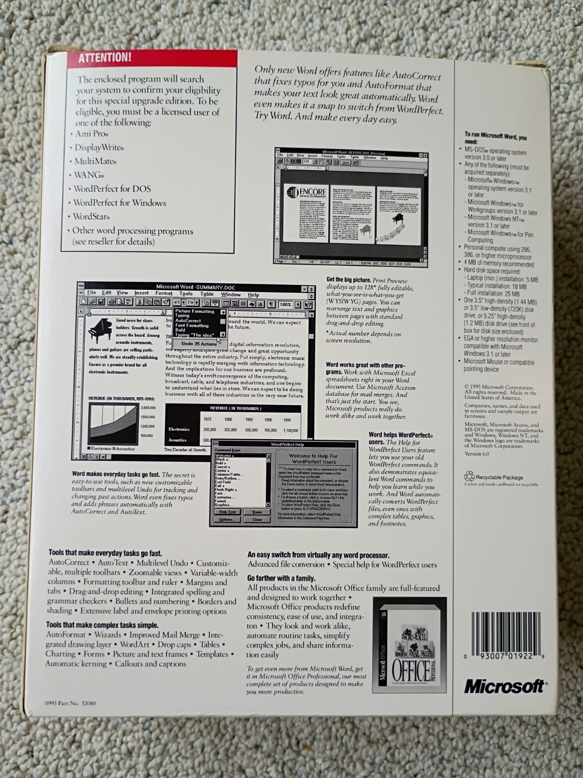 Microsoft Word Version 6.0 Special Upgrade Ed for Windows 3.5” High Density 1993