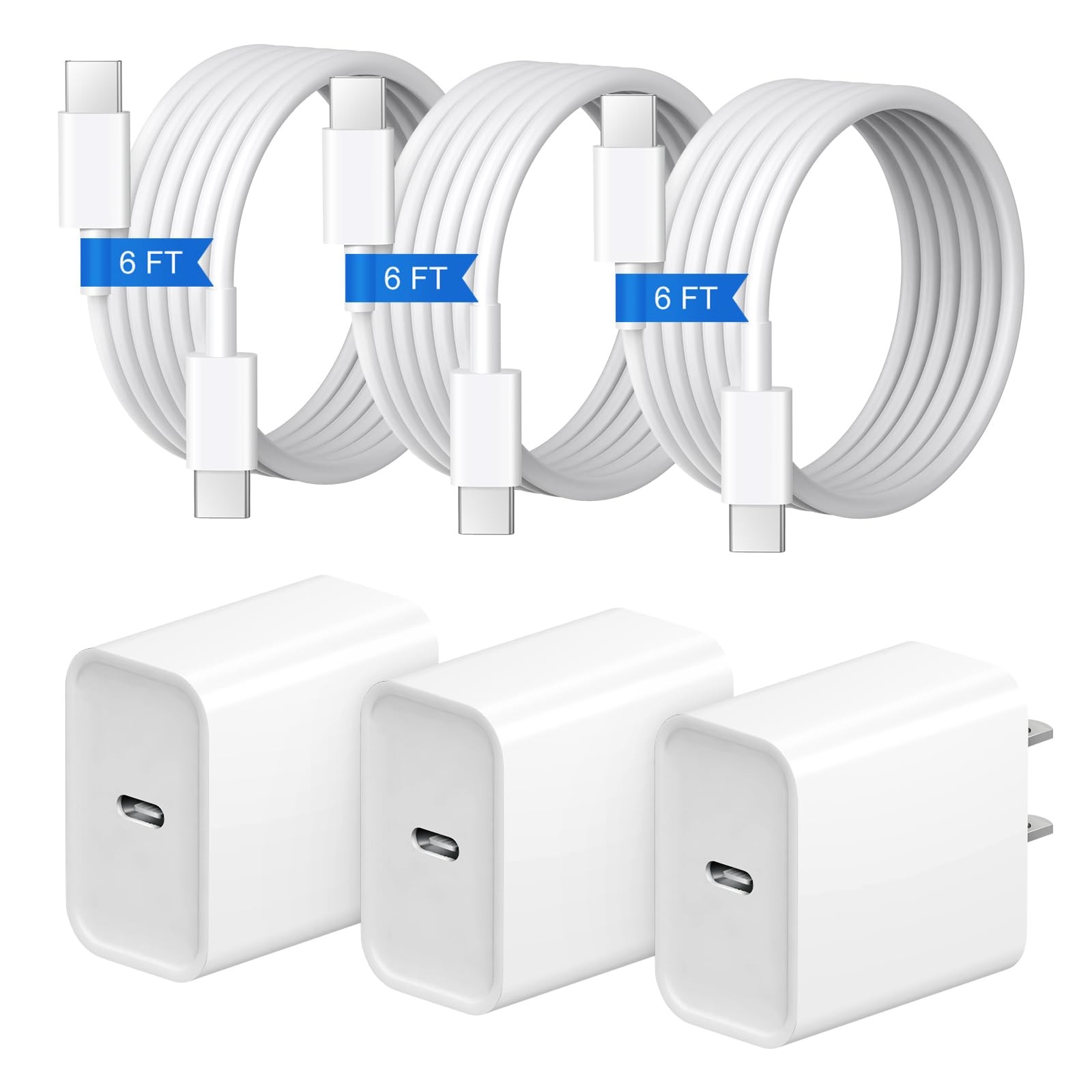 iPhone 17 16 15 Charger Fast Charging 3+3Pack 20W USB C Wall Charger with 6FT Fa