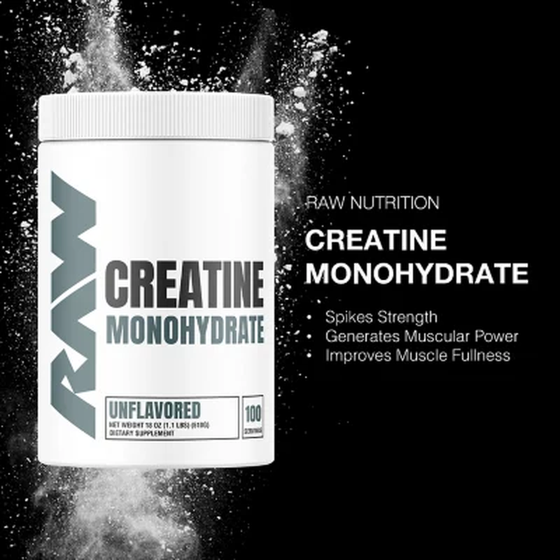 RAW Nutrition Creatine Monohydrate Powder, Unflavored - 510g, 100 Servings