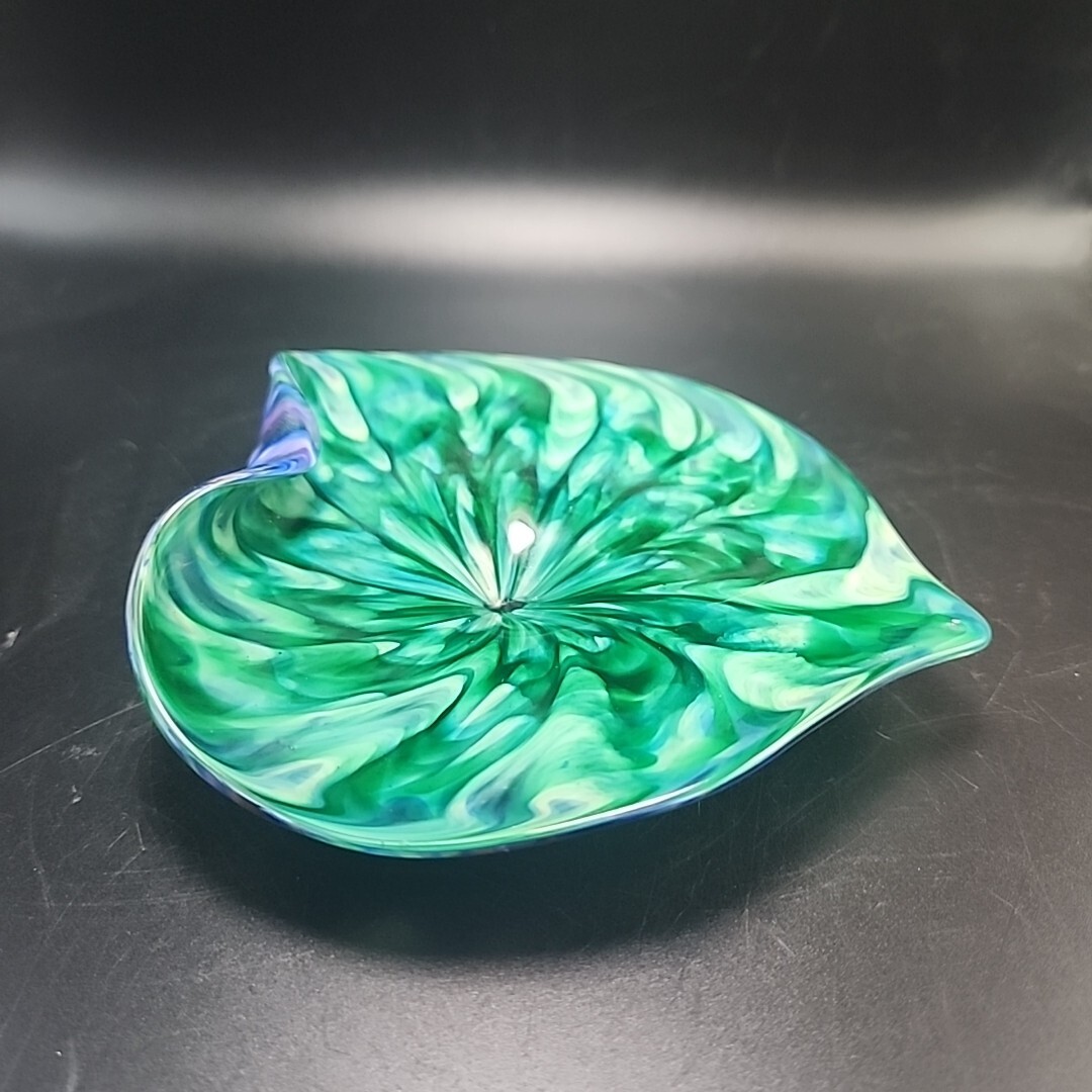 Art Glass Calla Lily Leaf Pulpit Dish Blue Green Multicolor Signed