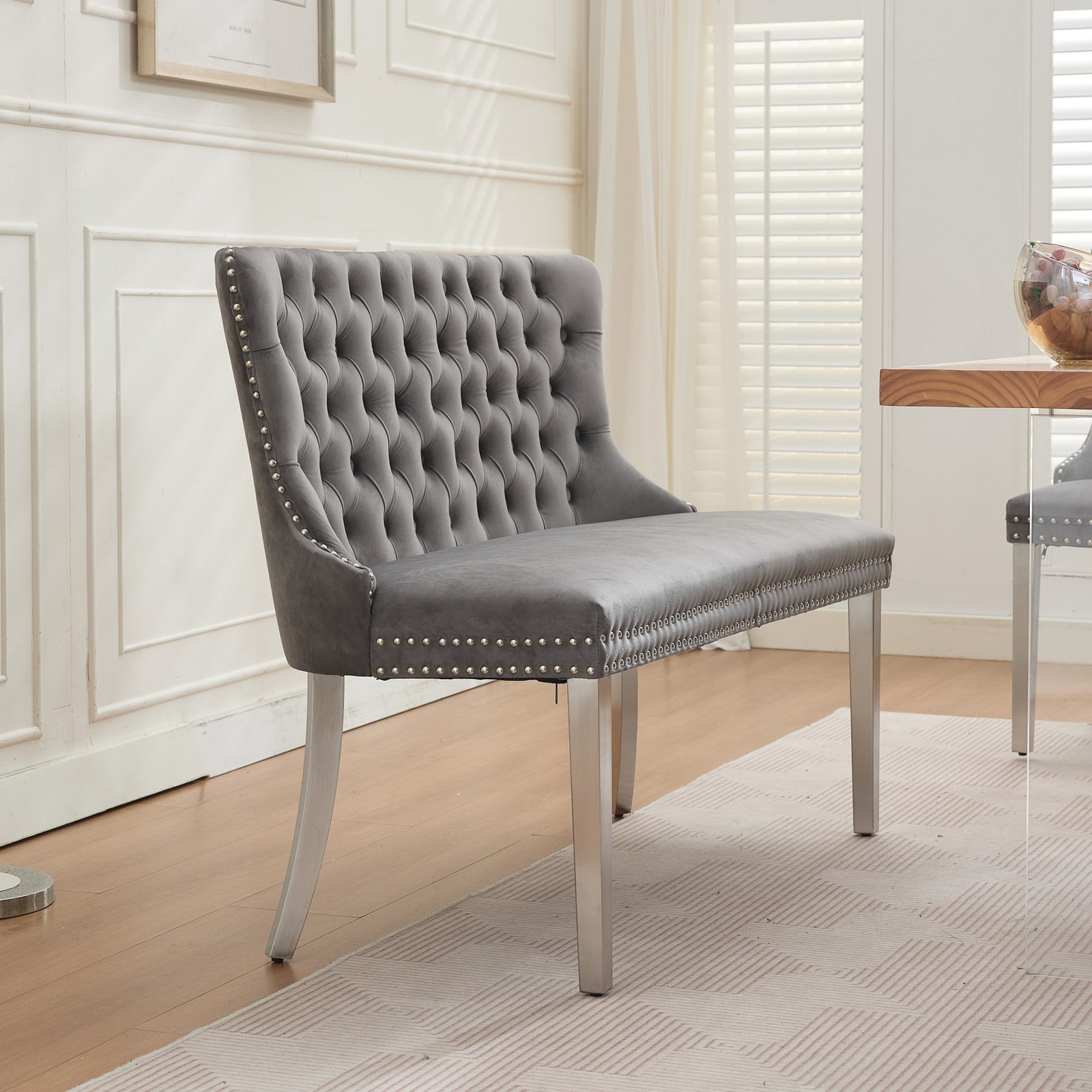 Gray Loveseat Velvet Dining Upholstered Sofa Bench W/Silver Stainless Steel Legs