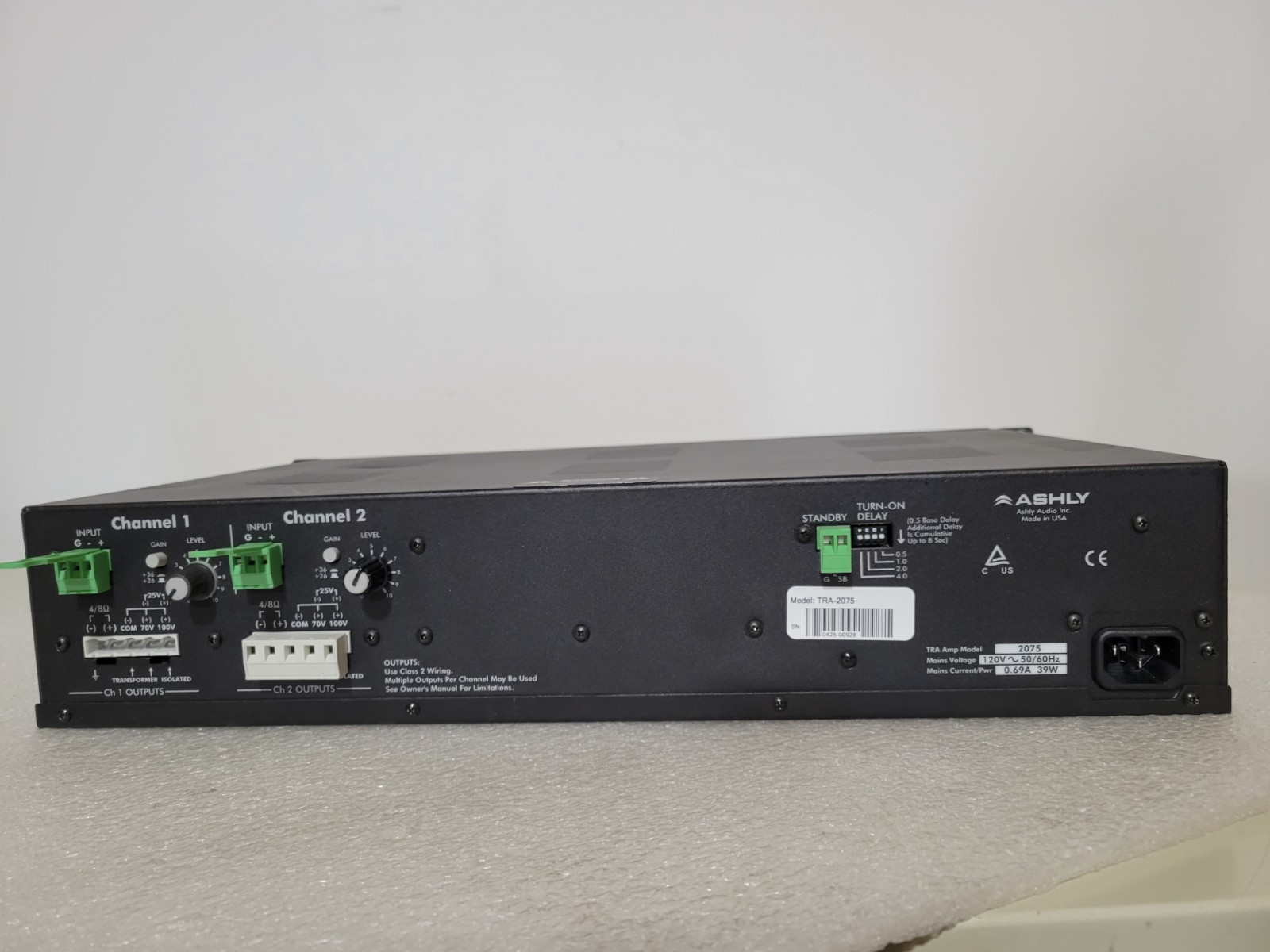 Ashly TRA-2075 2 channel amplifier Tested 75 Watts per Channel
