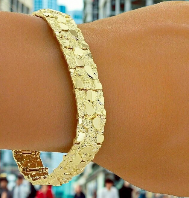 Men's 14K Yellow Gold Finish Nugget Hip Hop Style Party Wear Bracelet 15mm 8"