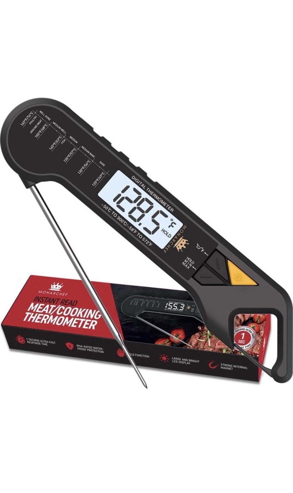 Monarchef MCHEF-MT-1 Instant Digital Meat Thermometer, Pro Grade, Black