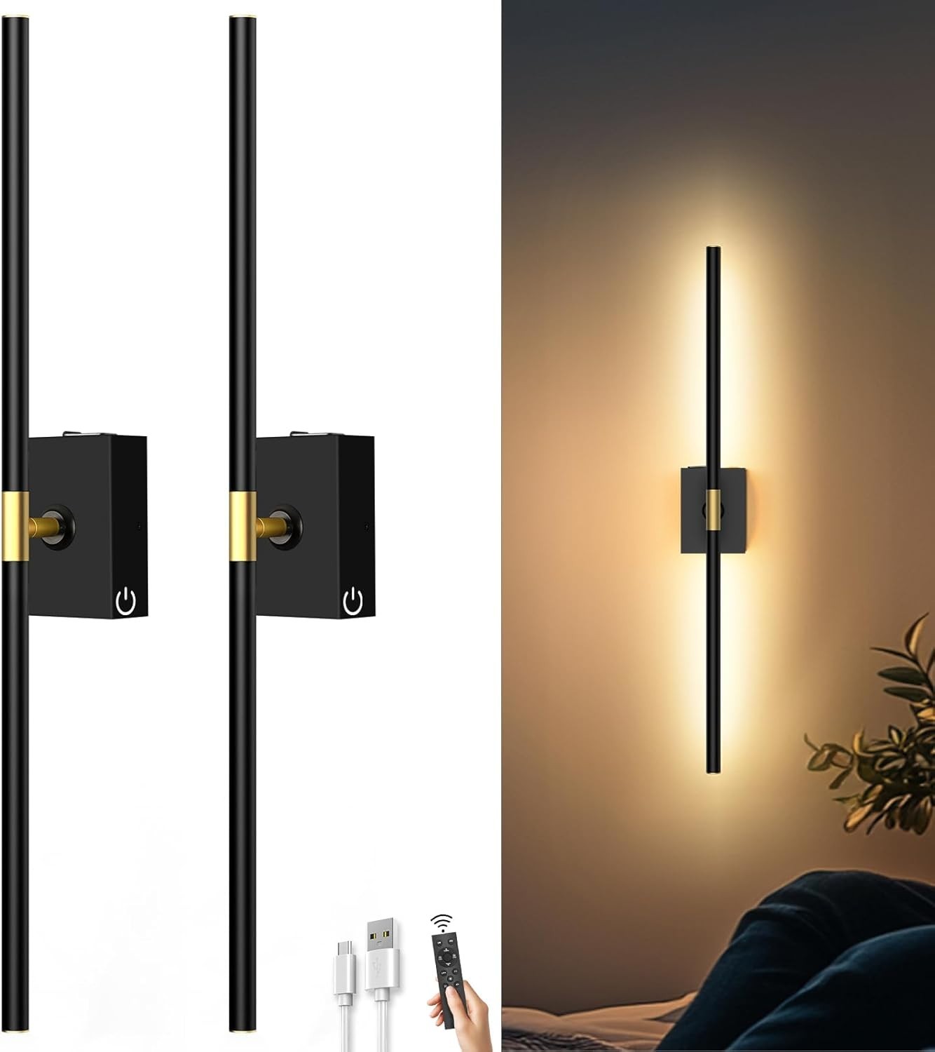 iThird Battery Operated Wall Sconces Set of 2: 10000mAh Rechargeable Wall Lights
