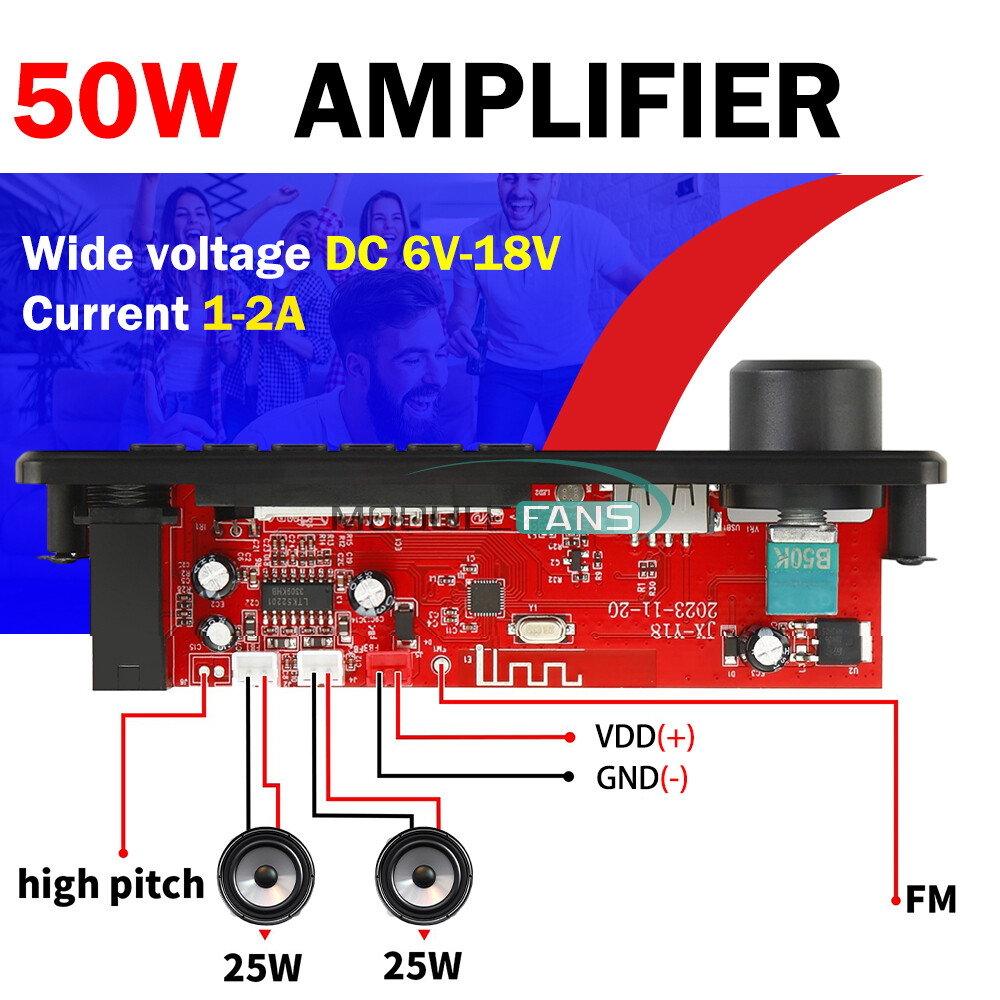 50W Amplifier Bluetooth 5.0 MP3 Player Decoder Board 6-18V FM Speaker Module
