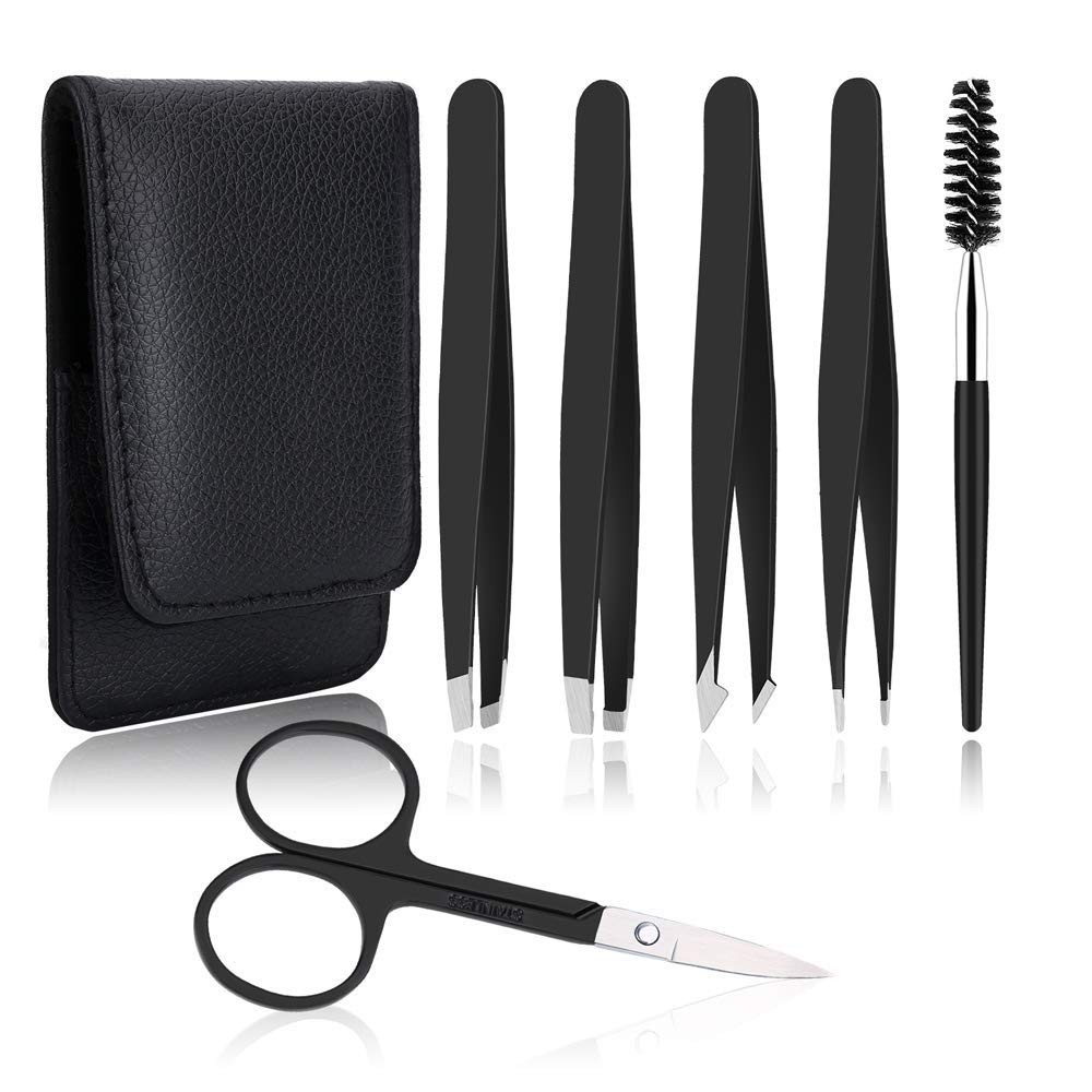 UUBAAR 6 PCS Professional Tweezers Set - Stainless Steel 7 Piece Set, Black
