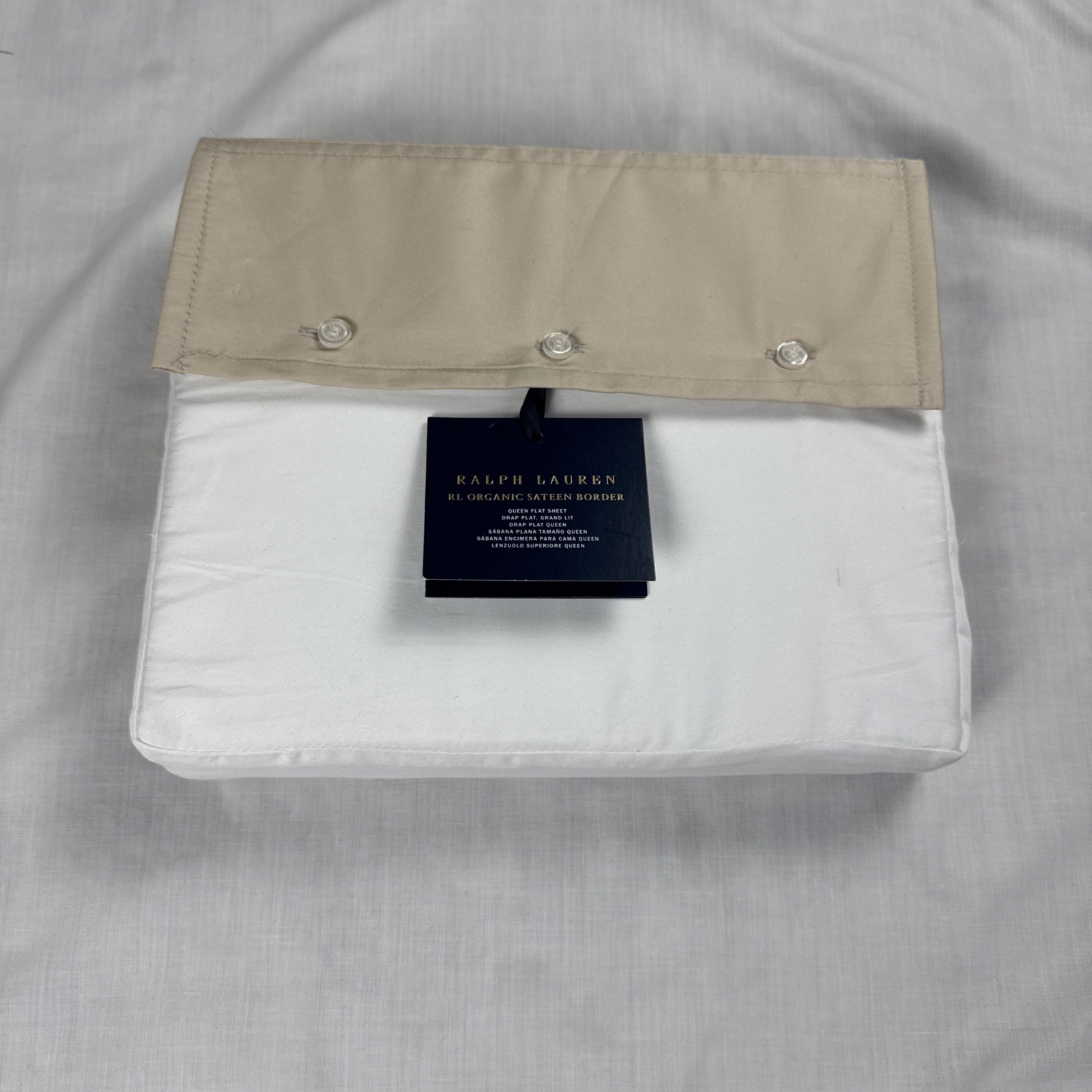 Ralph Lauren RL Organic Sateen Border Flat Sheet White / Coastal Sand QUEEN