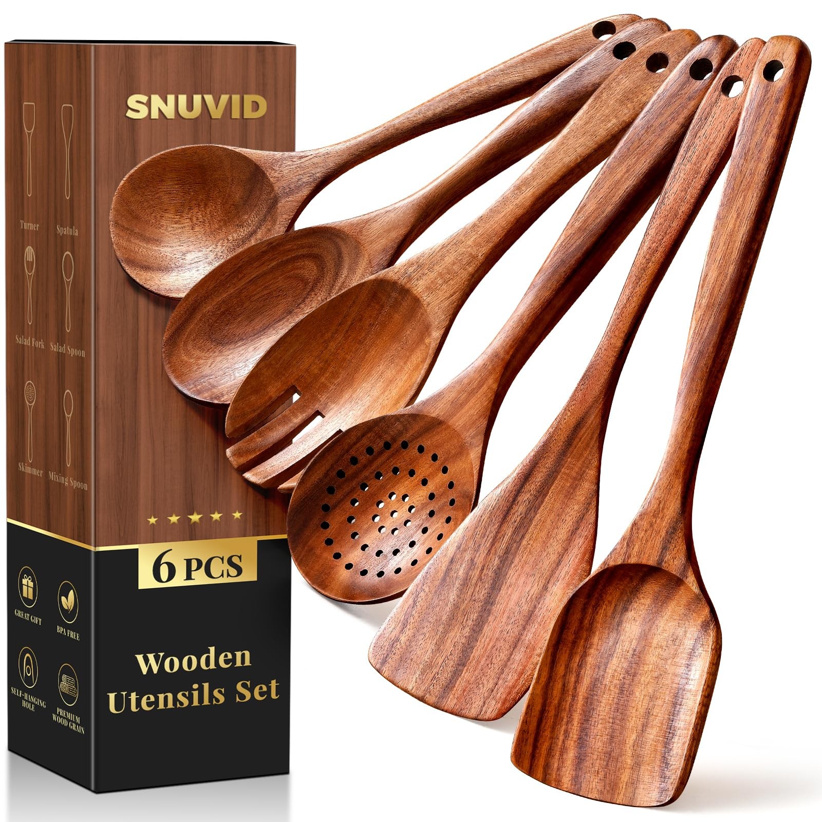 6-Piece Wooden Cooking Utensils Set, Natural Teak Wood, Nonstick, Sturdy