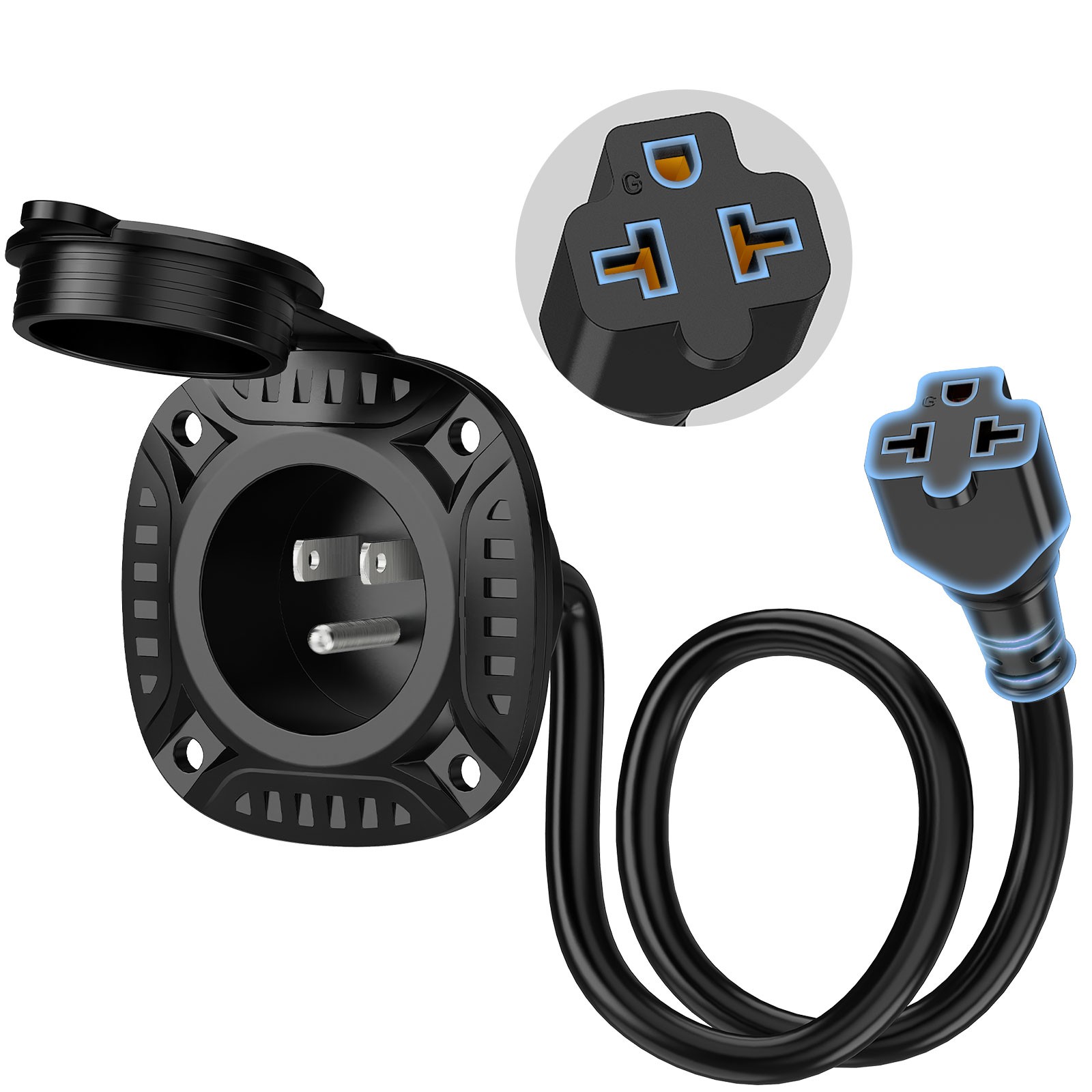 5-in-1 AC Port Plug,RV Shore Power Inlet Plug with T-Blade Adapter 20A 125V