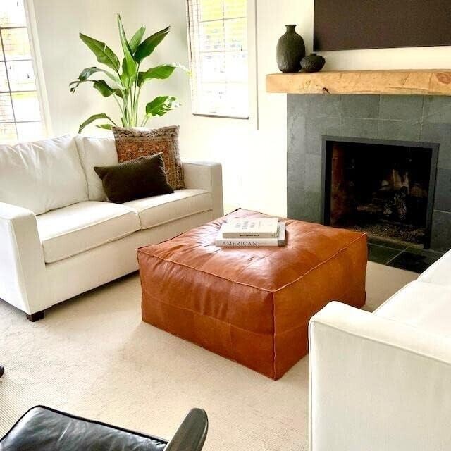 Footrest living Room Leather Moroccan Ottoman Boho Pouffe Genuine Unstuffed