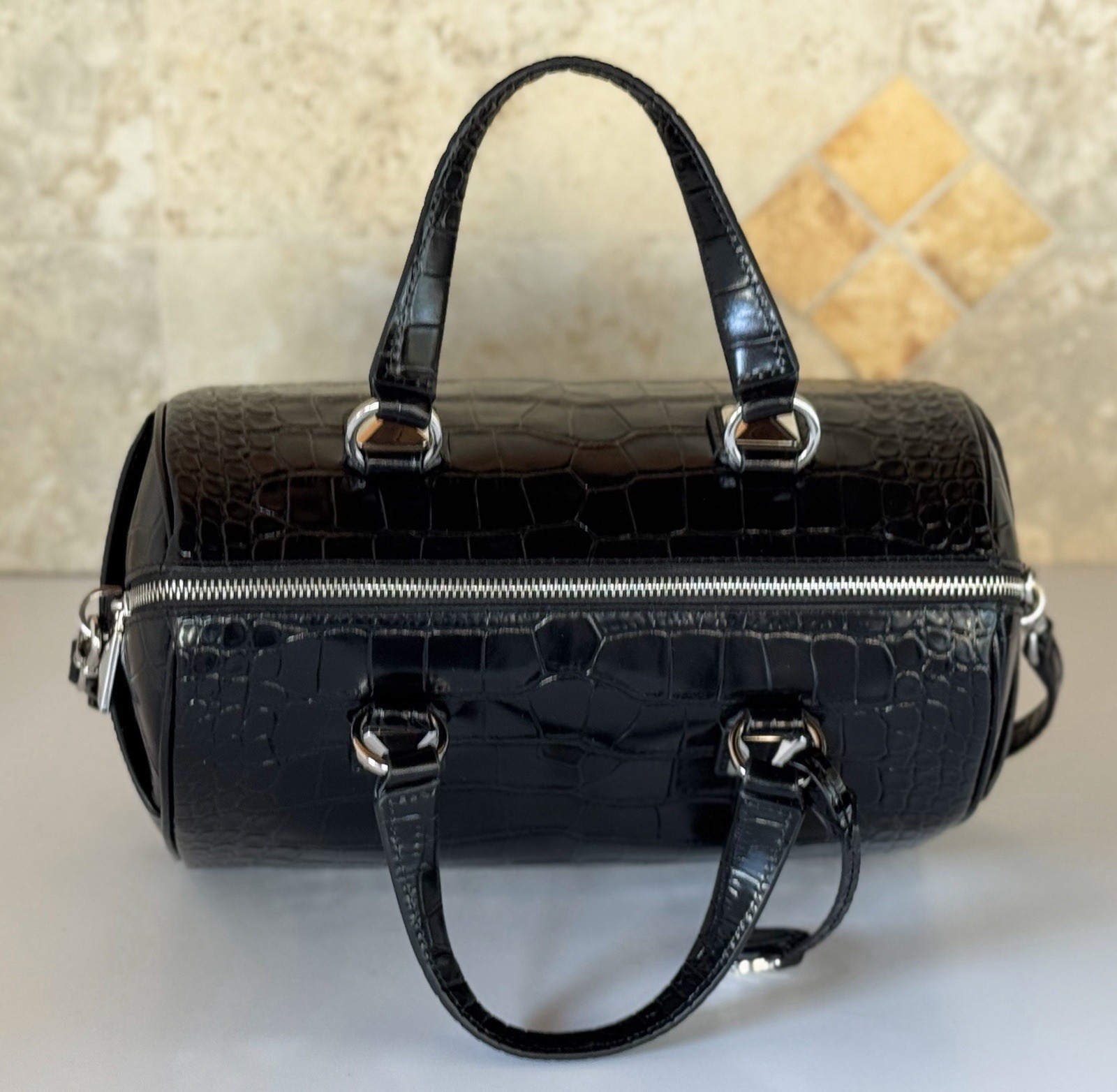 Michael Kors Grayson Medium Satchel Shoulder Exotic Embossed Leather Bag Black